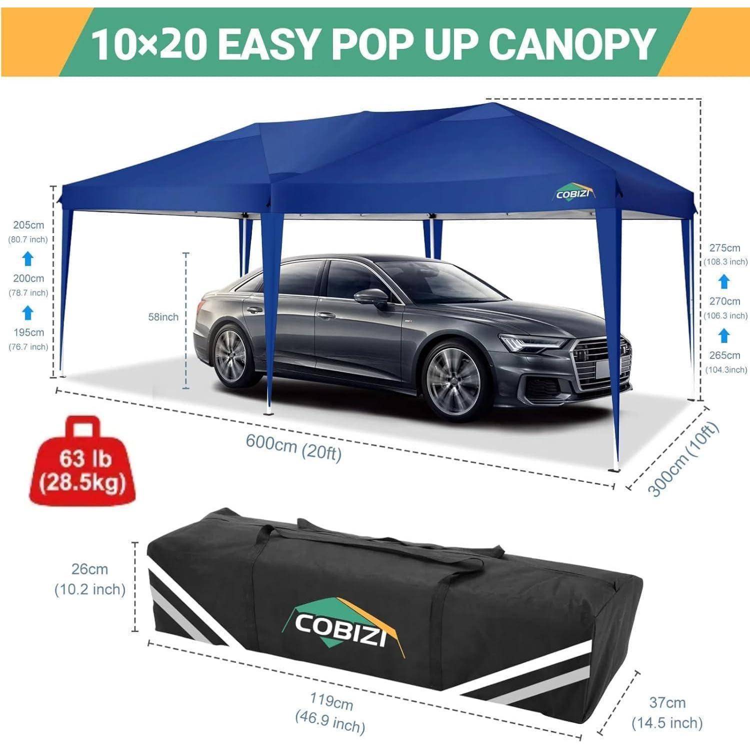 Infografik eines 10x20 einfach aufzubauenden Pop-up-Baldachins, der ein Auto abdeckt, mit Abmessungen, Höhe, Gewicht 63 lb und Packgröße der Aufbewahrungstasche 119 x 37 x 26 cm.