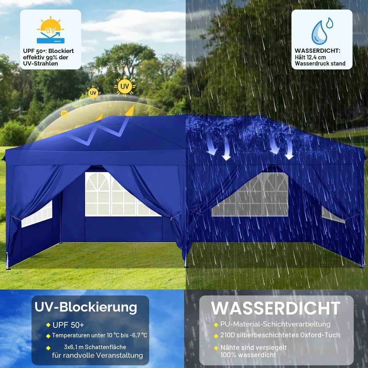 Blaues Pop-up-Vordachzelt, das UV-Strahlen und starkem Regen widersteht, mit Beschriftungen für UPF 50+ UV-Blockierung und Wasserdichtigkeit bis zu 12,4 cm Wassersäule.