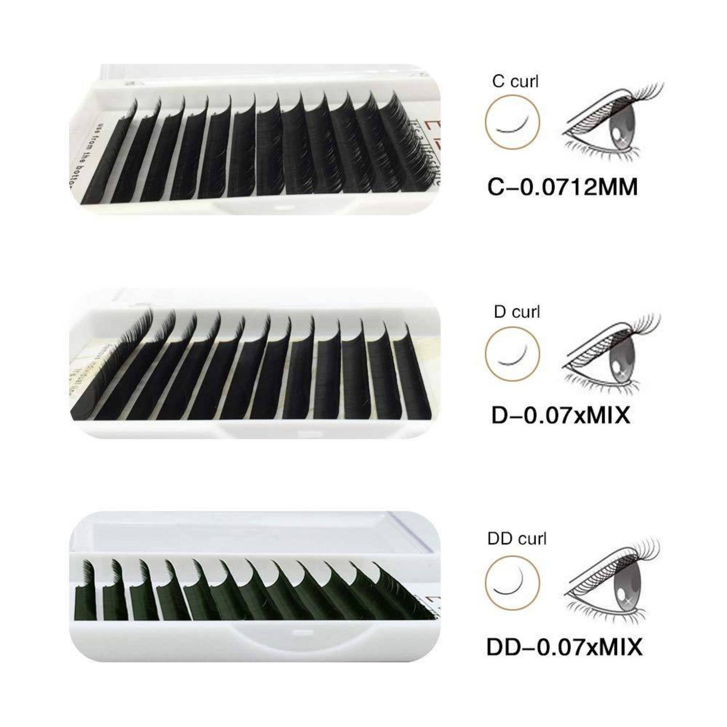 Drei Wimpernverlängerungstabletts zeigen Curlttypen C, D und DD mit den Bezeichnungen „0,0712 MM