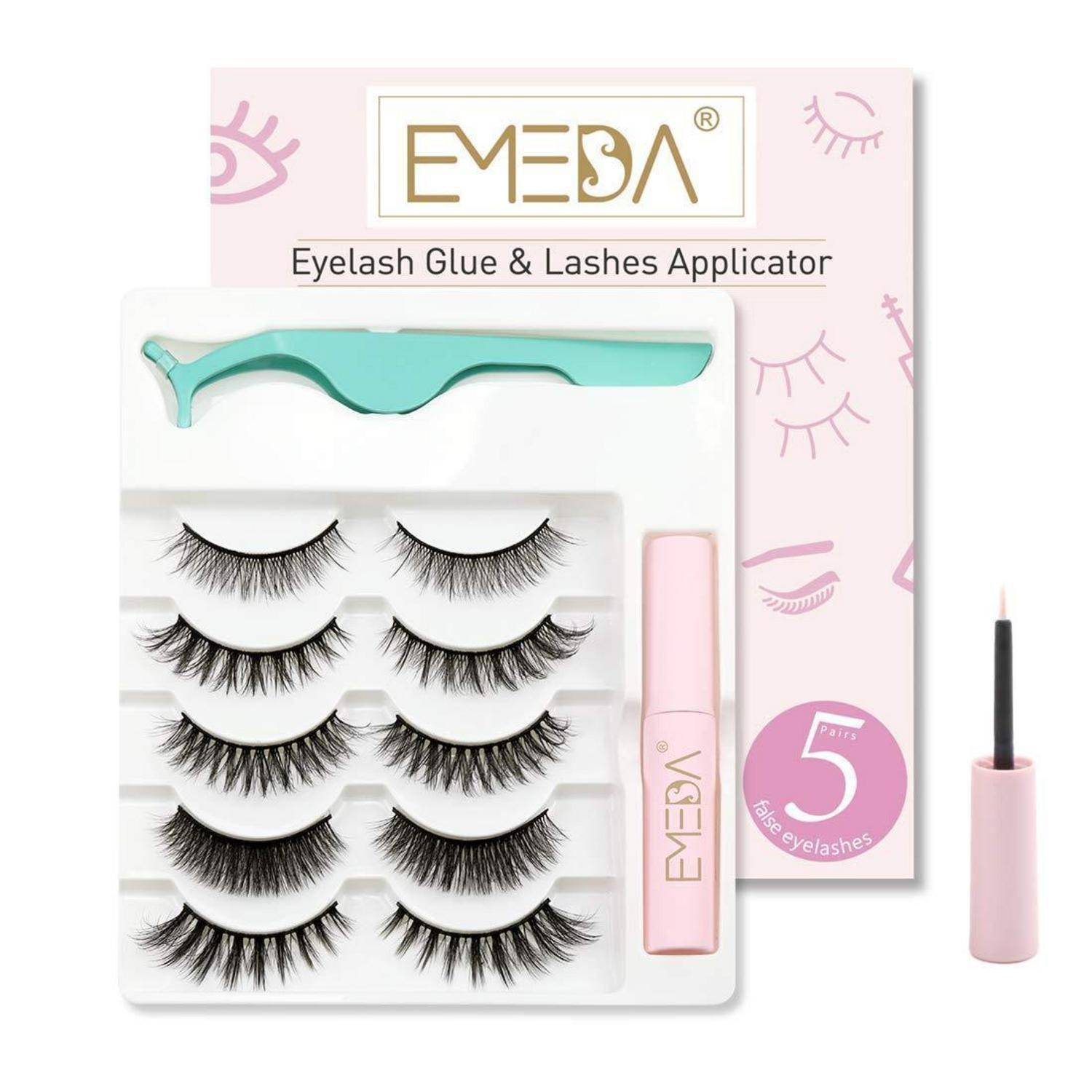 EMEDA Wimpernkleber und Applikator-Set mit fünf Paar künstlichen Wimpern, grünem Applikator-Werkzeug, rosa Leimtube und Mascara-ähnlichem Pinsel, das auf der Verpackung gezeigt wird.
