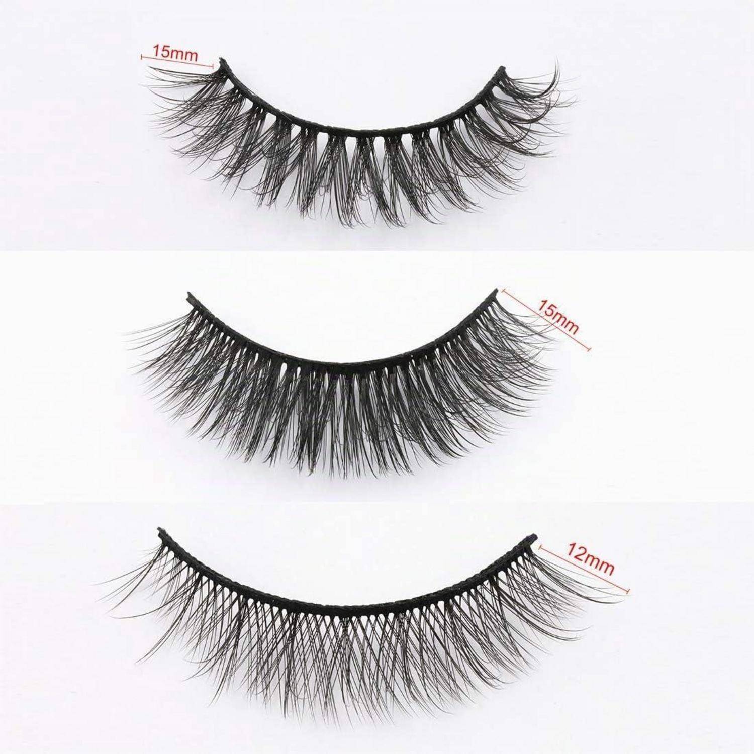 Drei Paar künstliche Wimpern auf weißem Hintergrund dargestellt, gekennzeichnet mit 15mm, 15mm und 12mm zum Vergleichen von Längen und Stilen.