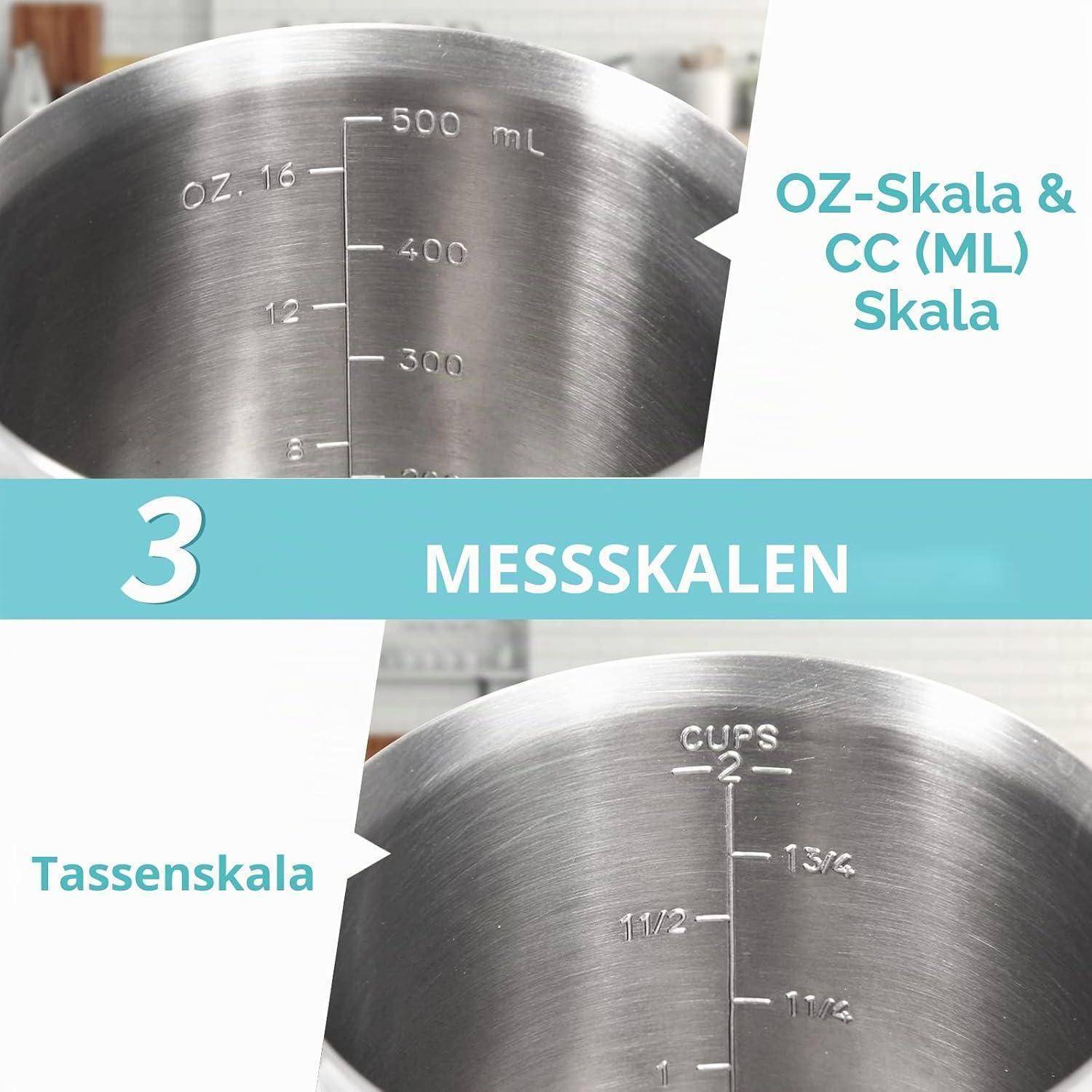 Abbildung von Messskalen auf einer Metallmischschüssel, die Unzen-/cc-Markierungen und eine Becherskala mit der Aufschrift 