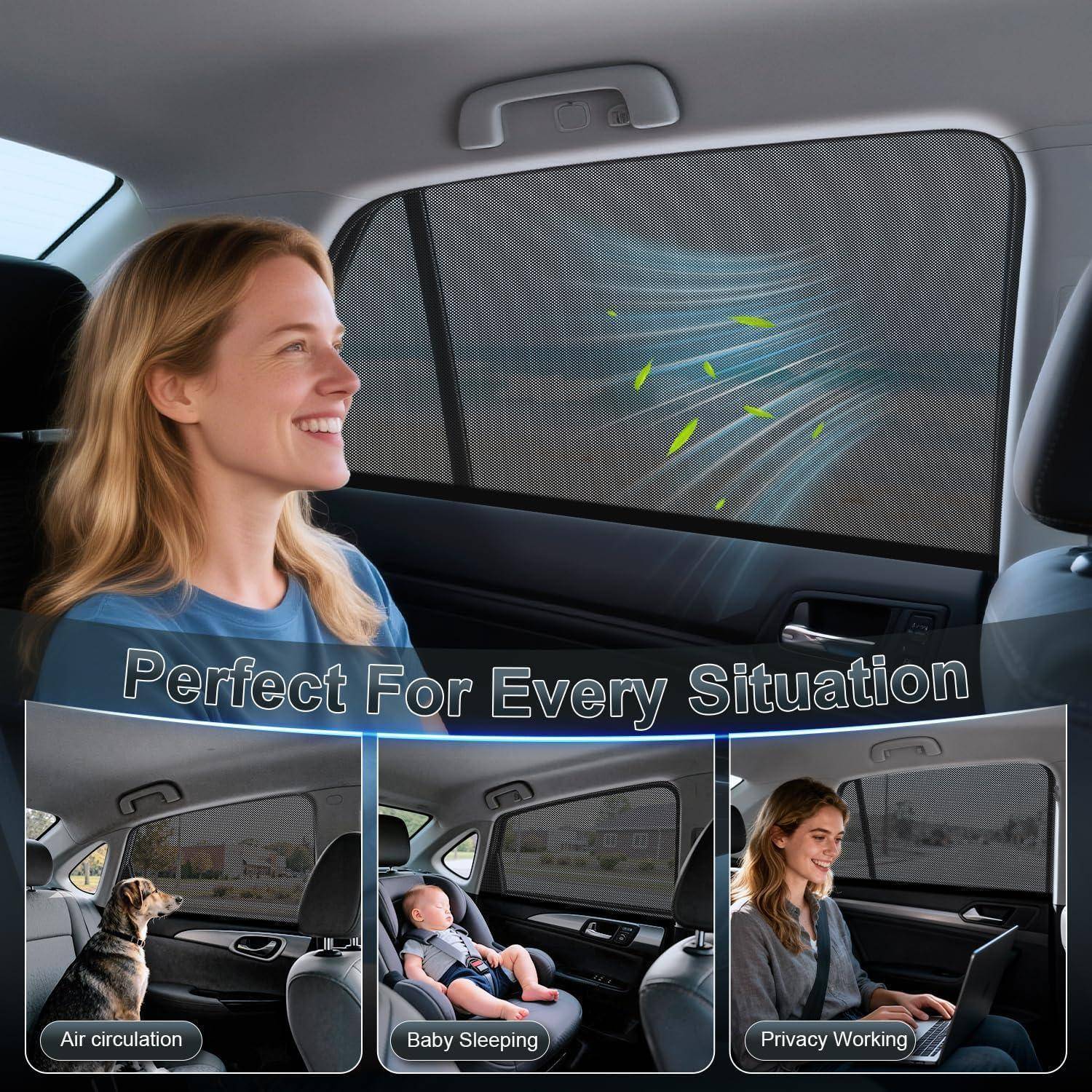 Werbung für Autosonnenschutz mit einer lächelnden Frau auf der Rückbank; Text besagt „Perfekt für jede Situation