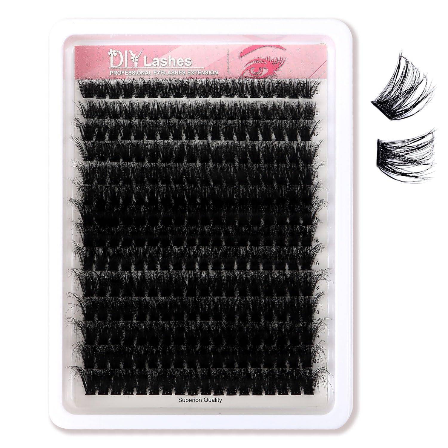 Ein Paket mit DIY-Wimpernverlängerungen der Marke Lash Professional mit Reihen schwarzer künstlicher Wimpern, gezeigt mit zwei Beispiel-Wimpernbündeln auf der rechten Seite.