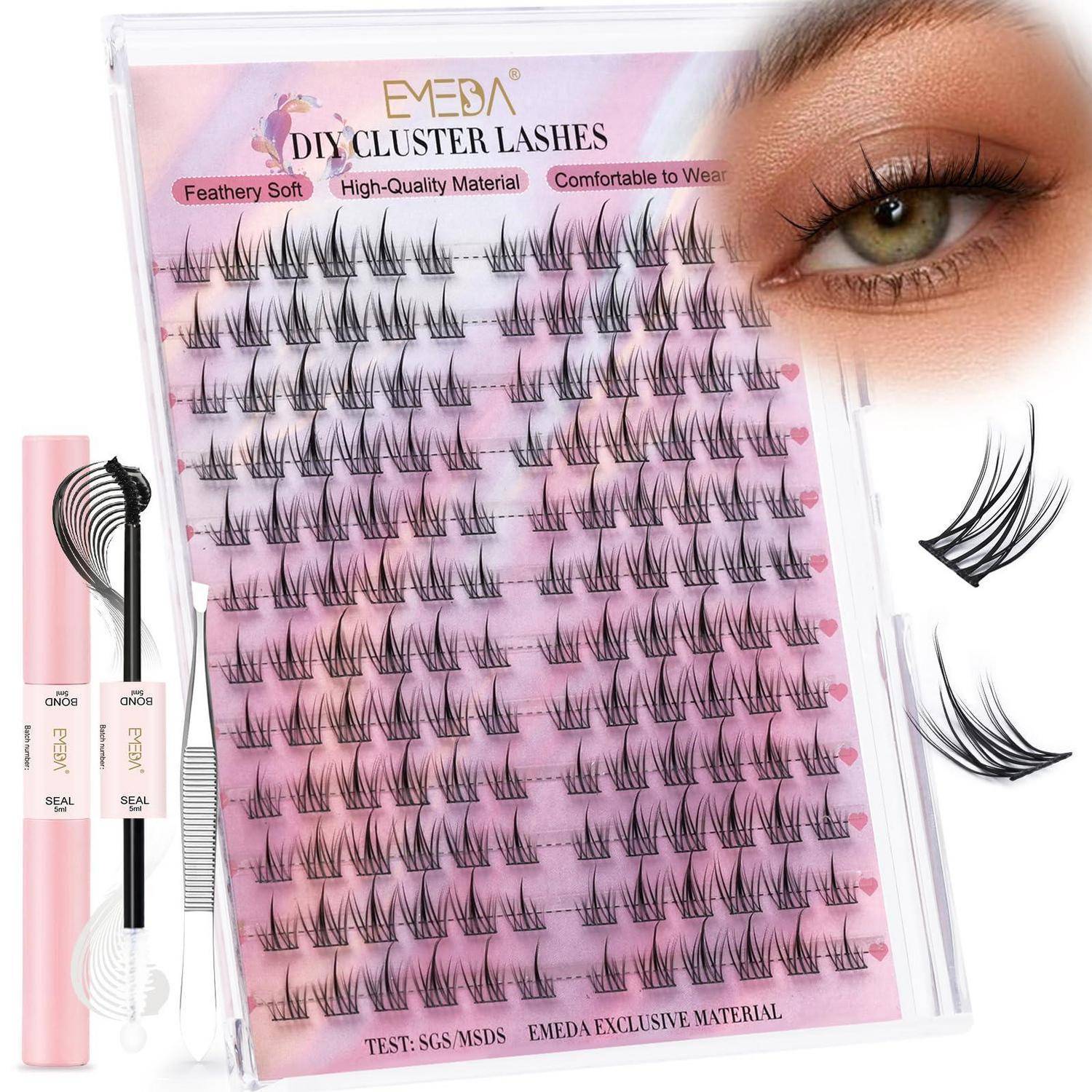 Verpackung für EMEA DIY-Cluster-Wimpern mit mehreren Wimpernbündeln, Applikator-Werkzeugen und einer Nahaufnahme des Auges, die den gewünschten Wimpernlook zeigt.