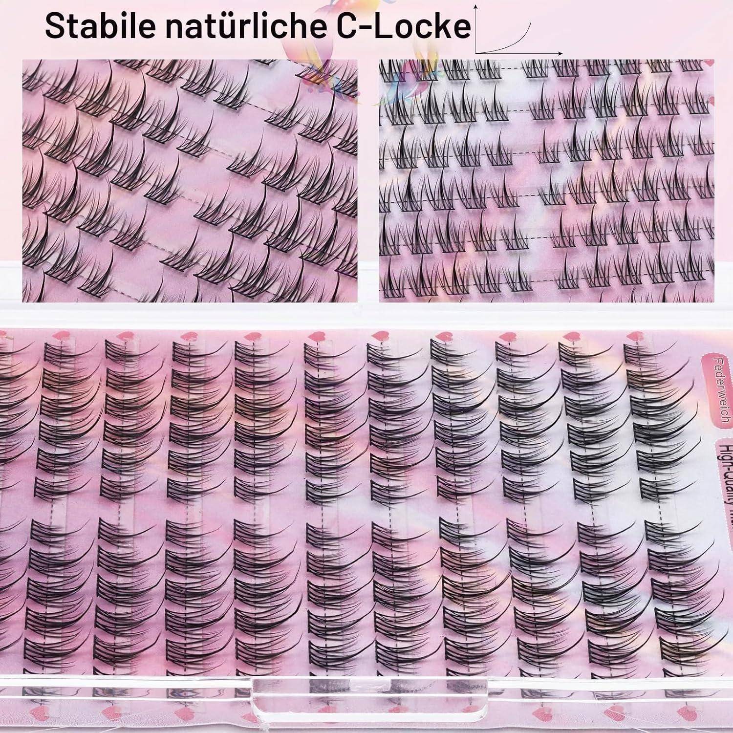 Collage falscher Wimpern auf rosa Verpackung mit der Bezeichnung „Stabile natürliche C-Locke