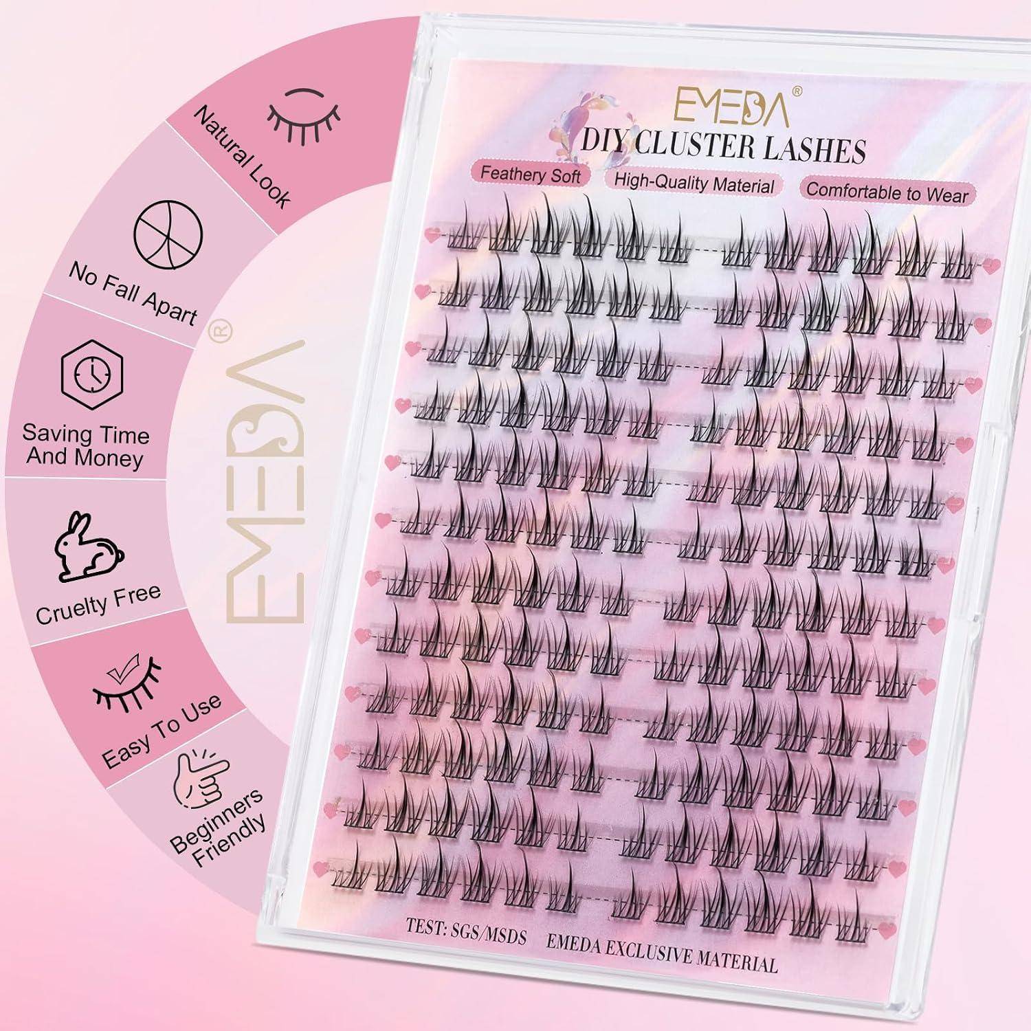 Pink EMEDA 'DIY Cluster Lashes' Set in einem klaren Behälter, der Reihen von falschen Wimpernbüscheln und Funktionssymbole für natürliches Aussehen, tierversuchsfrei und einfach zu verwenden zeigt.
