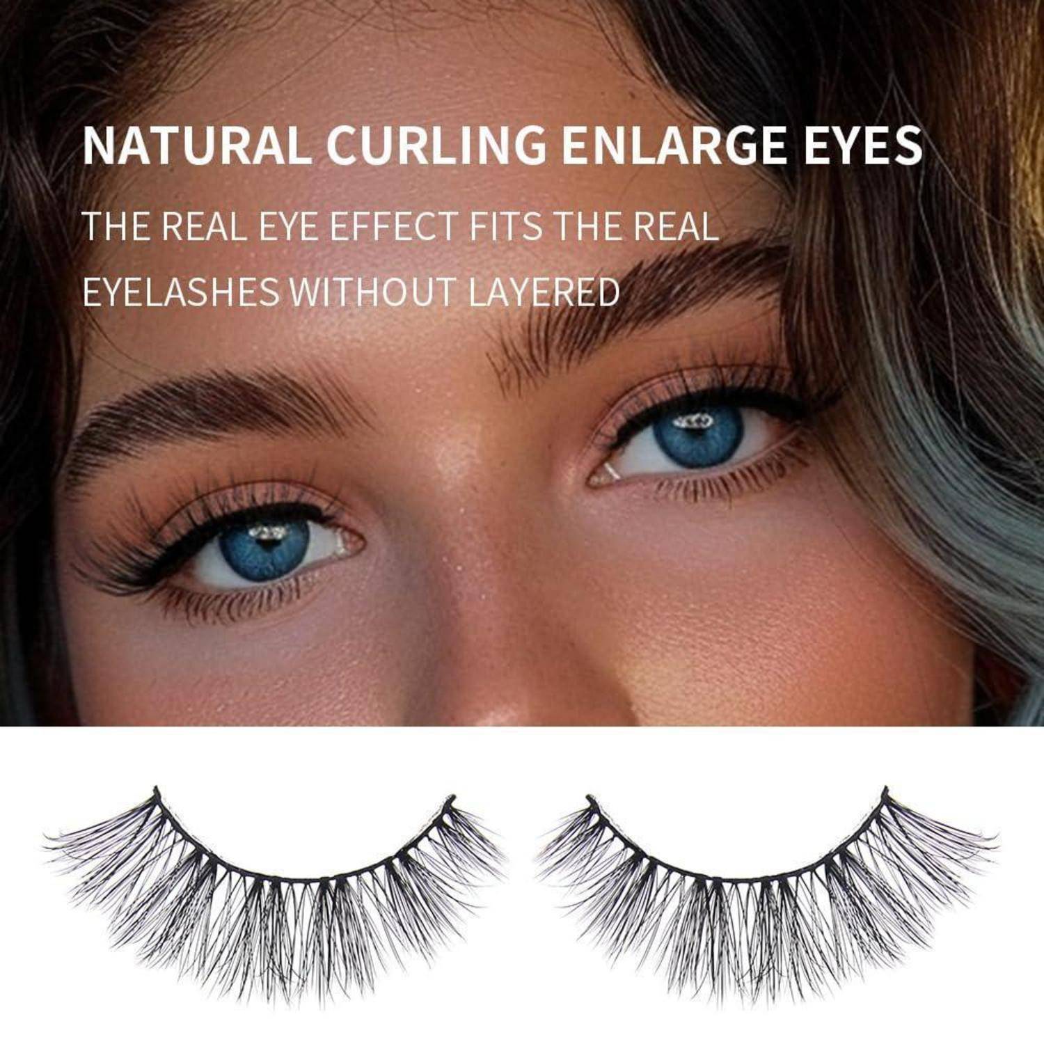 Werbebild mit blauen Augen und dramatisch gewellten falschen Wimpern oben; zwei schwarze Wimpernstreifen-Designs unten; Text lautet „NATÜRLICHES LOCKEN VERGRÖSSERT AUGEN