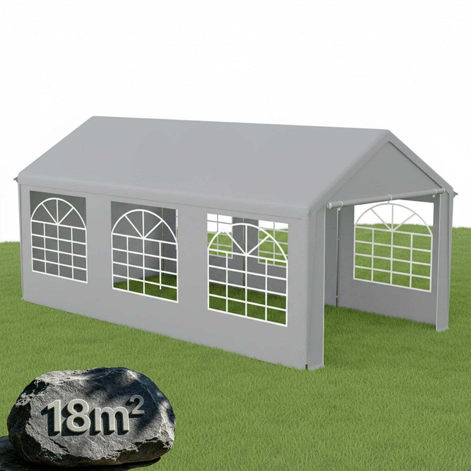 Graubraunes Outdoor-Eventezelt mit gewölbten Fensterfeldern auf Gras, mit der Beschriftung „18m²