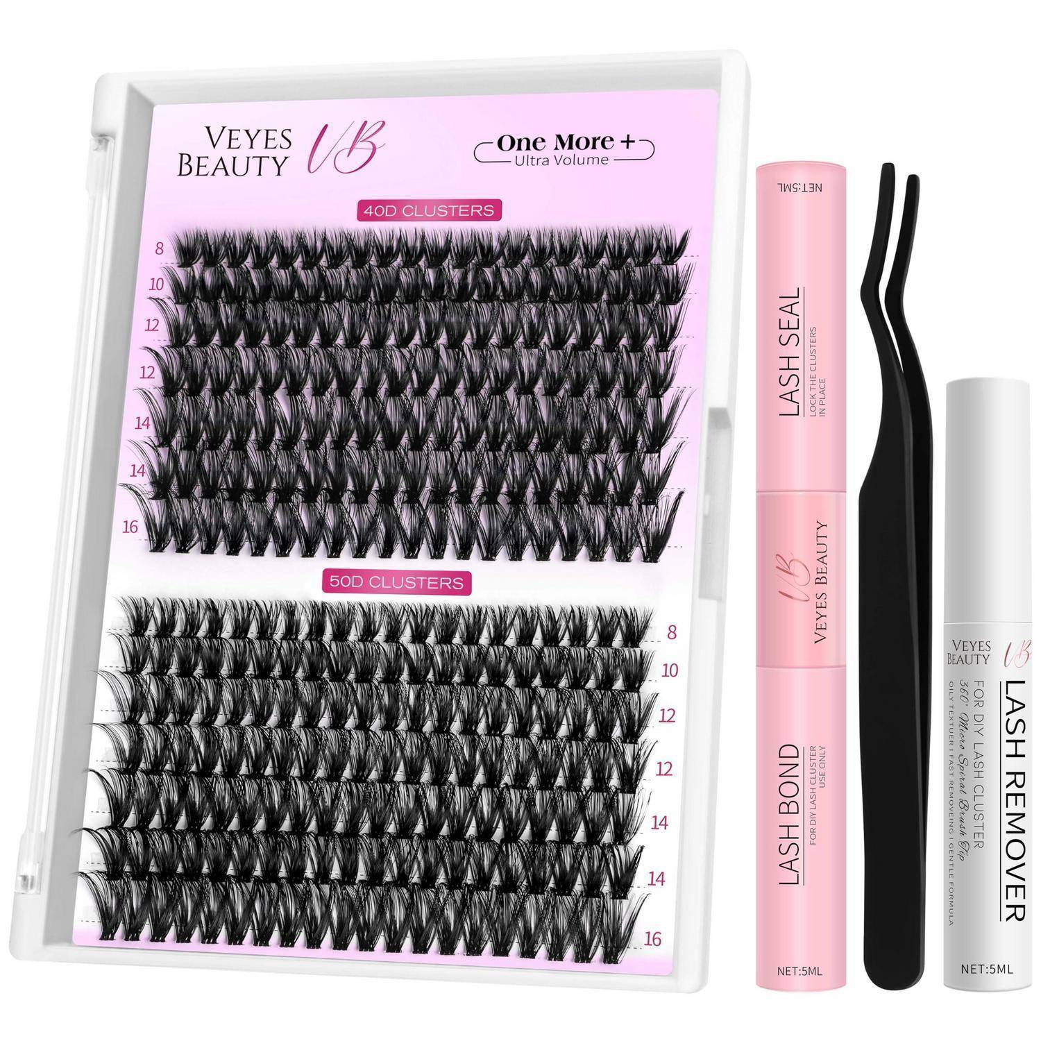 Falsches Wimperncluster-Set mit zwei Tabletts, rosa Lash Seal und Lash Bond Tuben, schwarze Applikator-Pinzetten und Lash Remover Flasche.