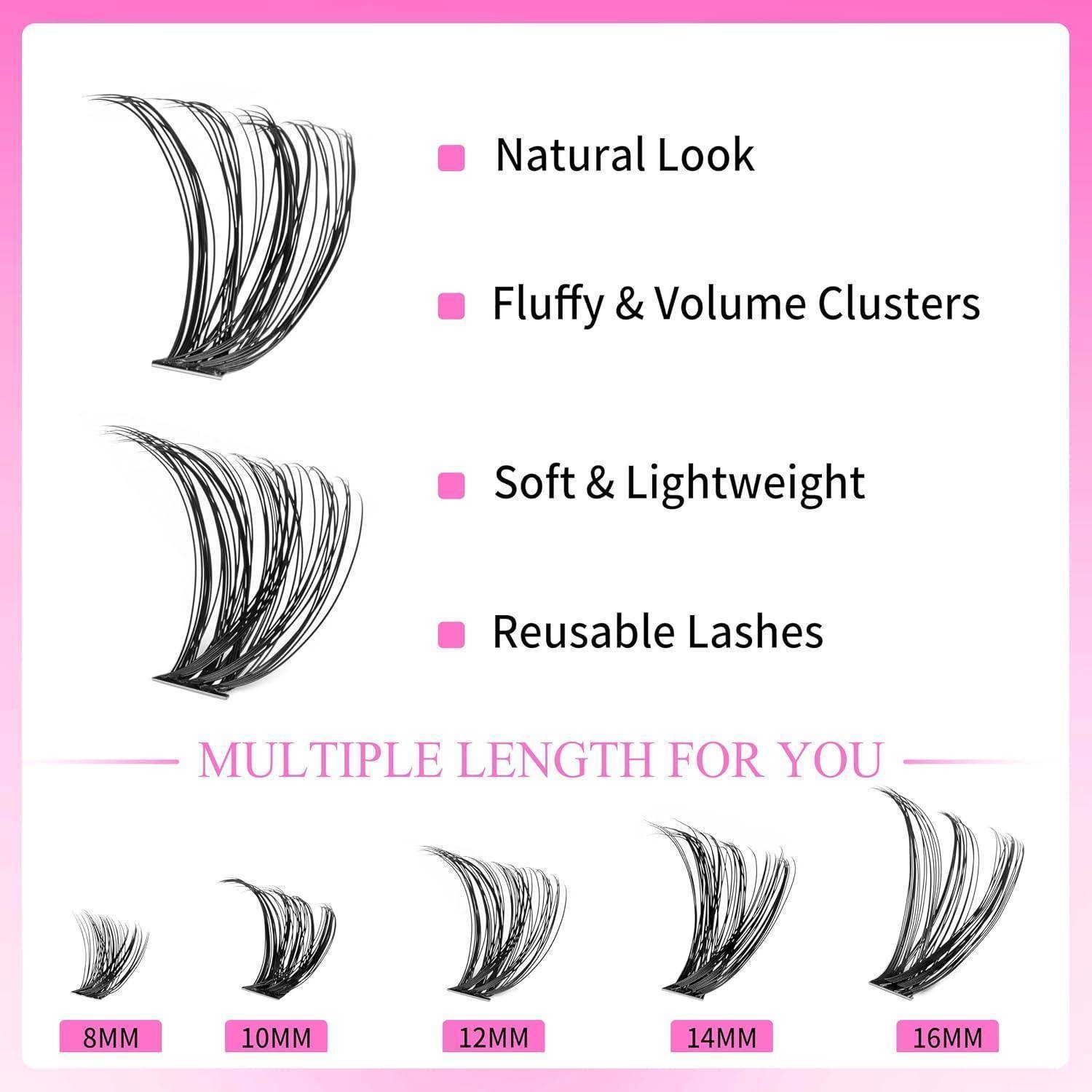 Produktgrafik für wiederverwendbare Wimpernbüschel mit den Bezeichnungen „Natural Look