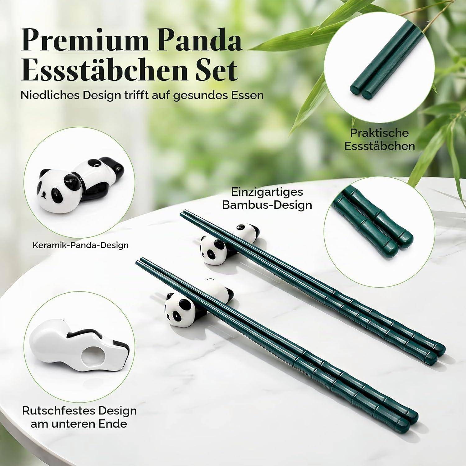 Werbebild eines „Premium Panda"-Essstäbchen-Sets mit grünen Bambusstil-Stäbchen und pandaförmigen Keramikablegen, gekennzeichnet als niedliches, praktisches Design.