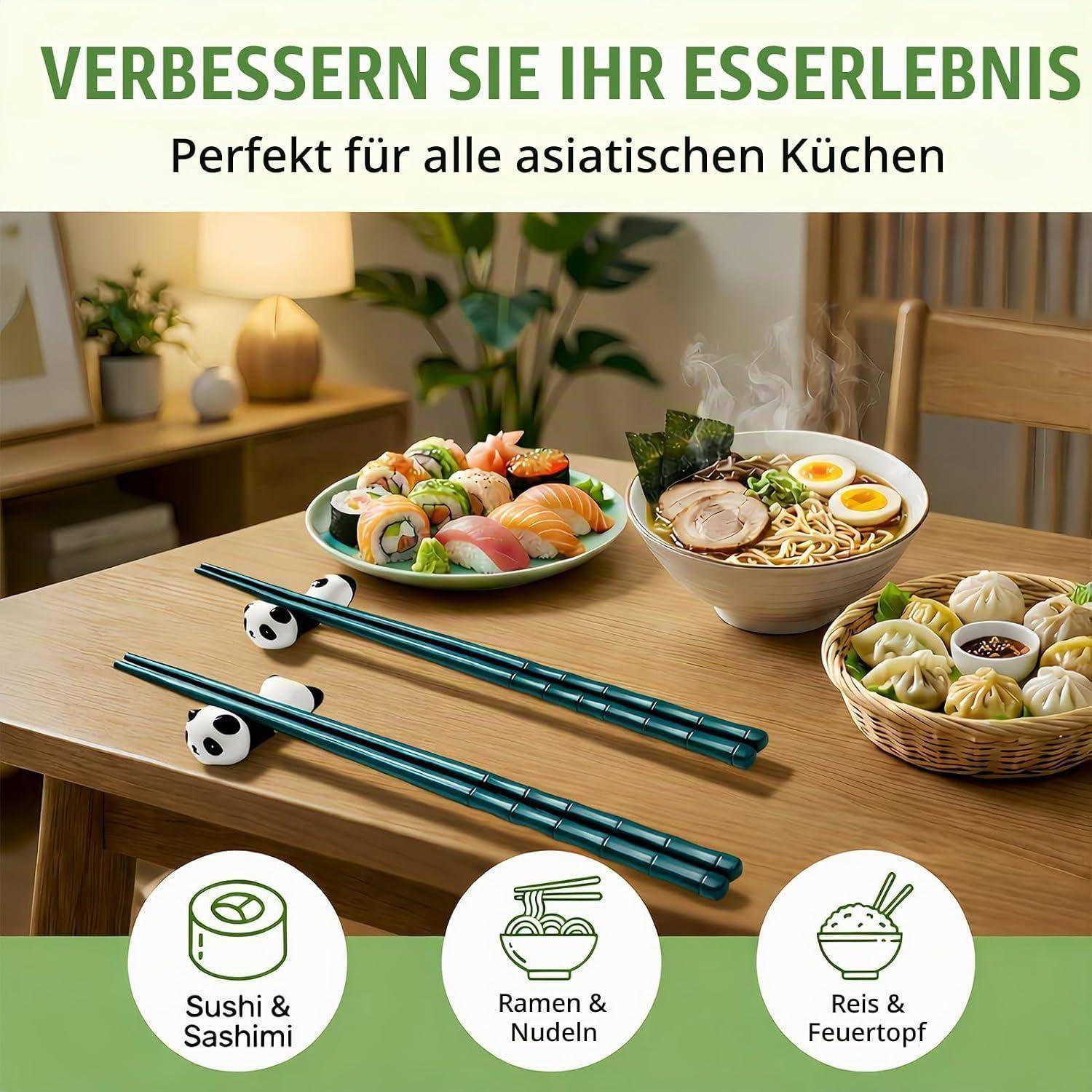 # Werbebild für asiatisches Küchenesstisch-Set mit grünen Essstäbchen und Stäbchenablagen, Sushi, Ramen und Dumplings, plus Text „Verbessern Sie Ihr Esserlebnis" und drei Lebensmittelsymbole.