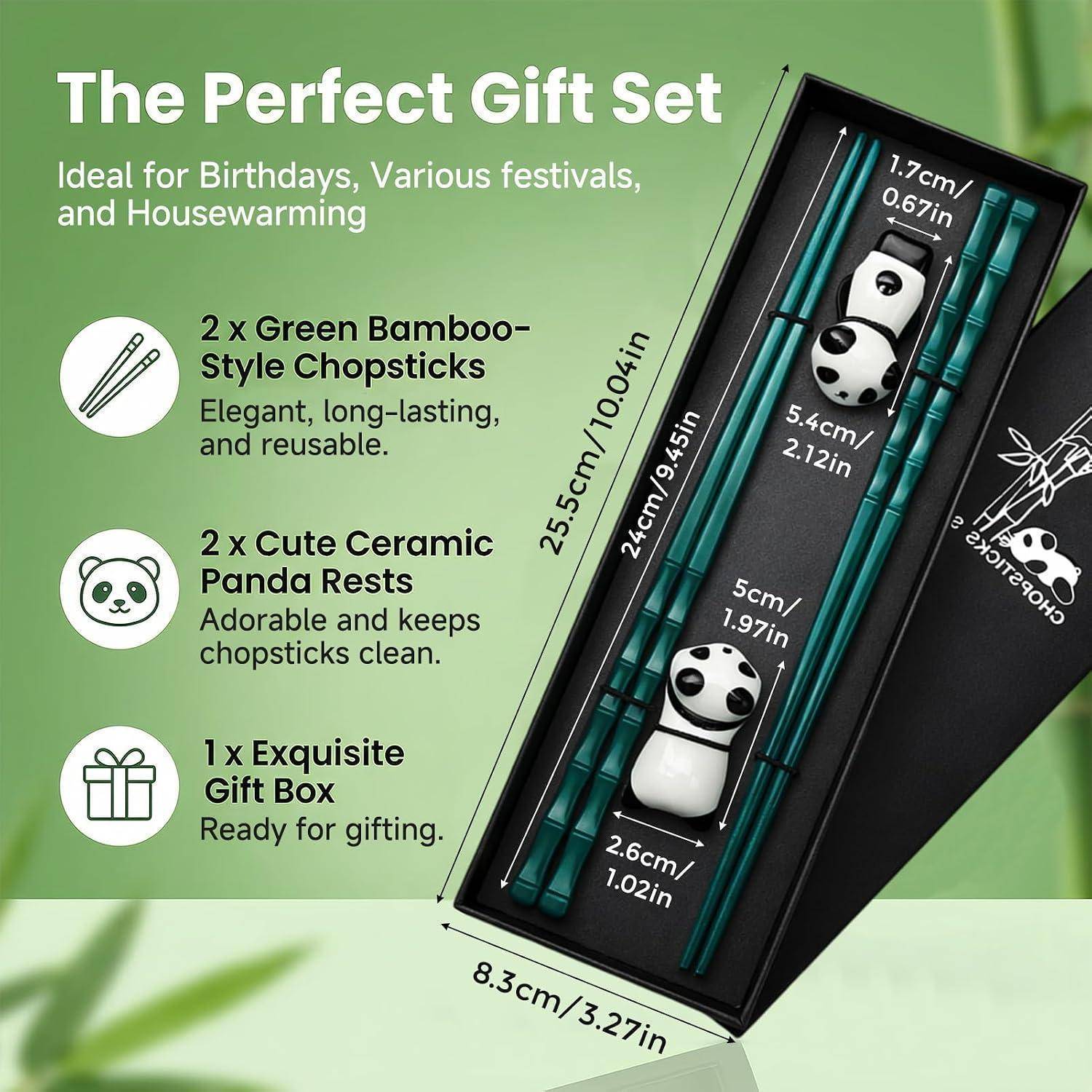 Geschenkset für Geburtstage, Feste und Hauseinzüge: 2 grüne bambus-ähnliche Stäbchen, 2 keramische Pandaablagen und Geschenkbox.