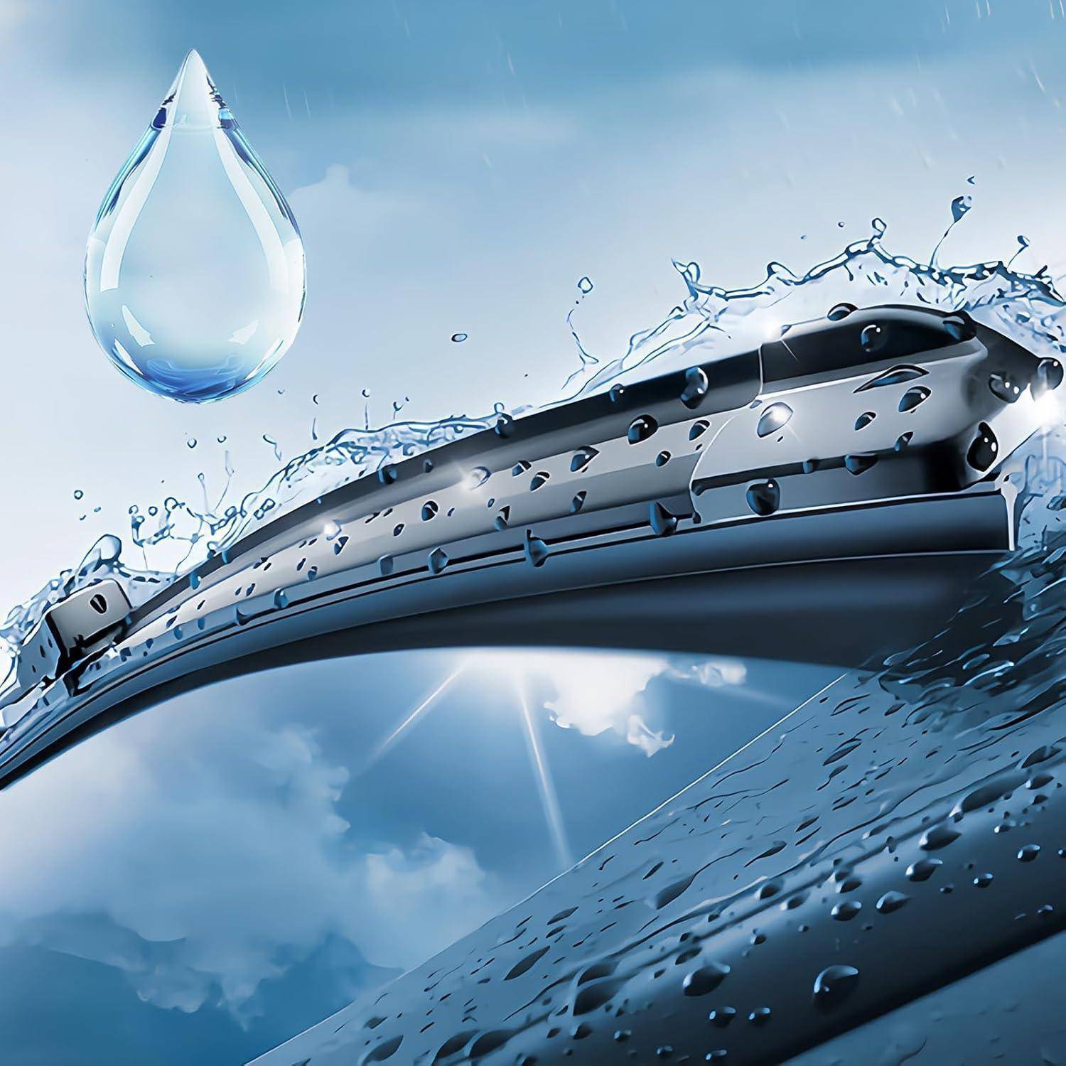 Nahaufnahme einer Autoscheibe, die durch Wasser gereinigt wird, mit Tropfen und einem großen Wassertropfen, die Regen- oder Waschutzfunktion betonen.