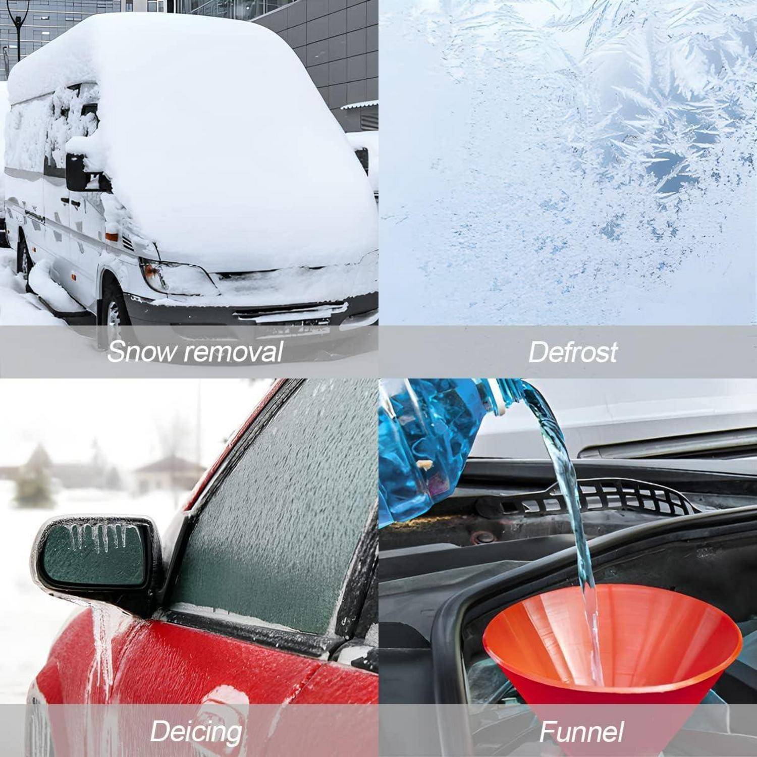 # Vierpanel-Grafikzeichnung zur Wintersicherheit im Auto mit Schneeentfernung, Windschutzscheiben-Enteisen, Enteisen eines gefrorenen Autofensters und Einfüllen von Flüssigkeit durch einen Trichter.