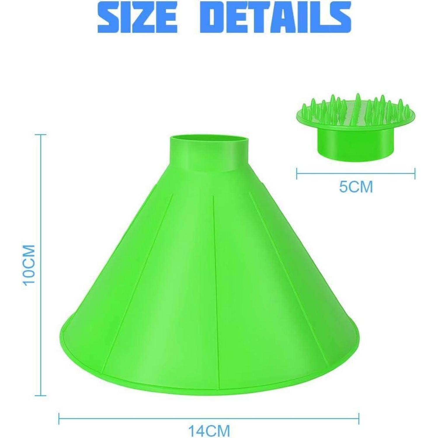 Größendetail-Diagramm eines grünen kegelförmigen Grooming-Werkzeugs, 10 cm hoch und 14 cm breit, mit einer 5 cm großen oberen Befestigung in einer Detailansicht dargestellt.