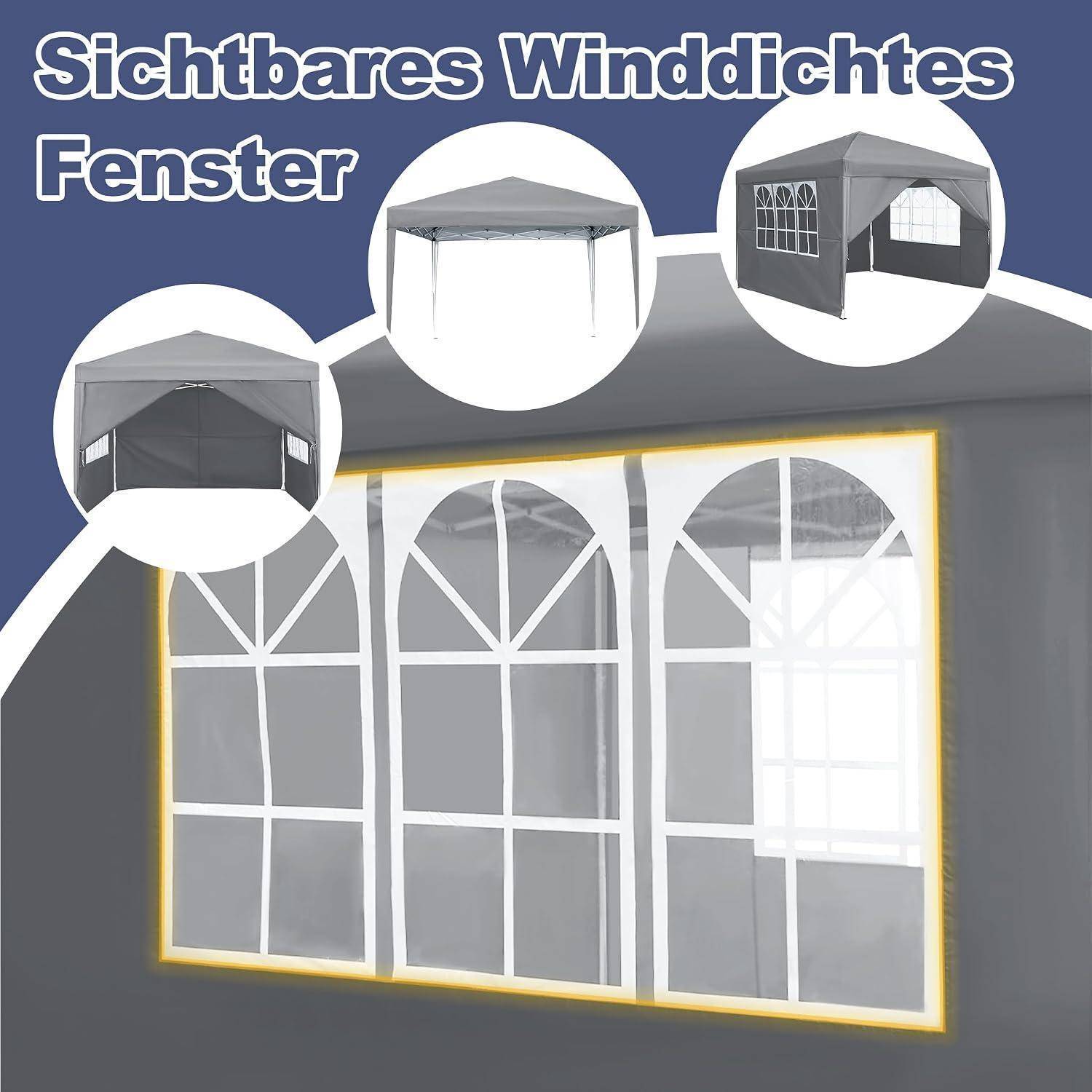 Grafik zeigt eine „sichtbare winddichte Fenster"-Baldachinwand mit drei gewölbten Fensterpanelen und eingefügten Bildern von entsprechenden Zelt-/Baldachinaufbauten.
