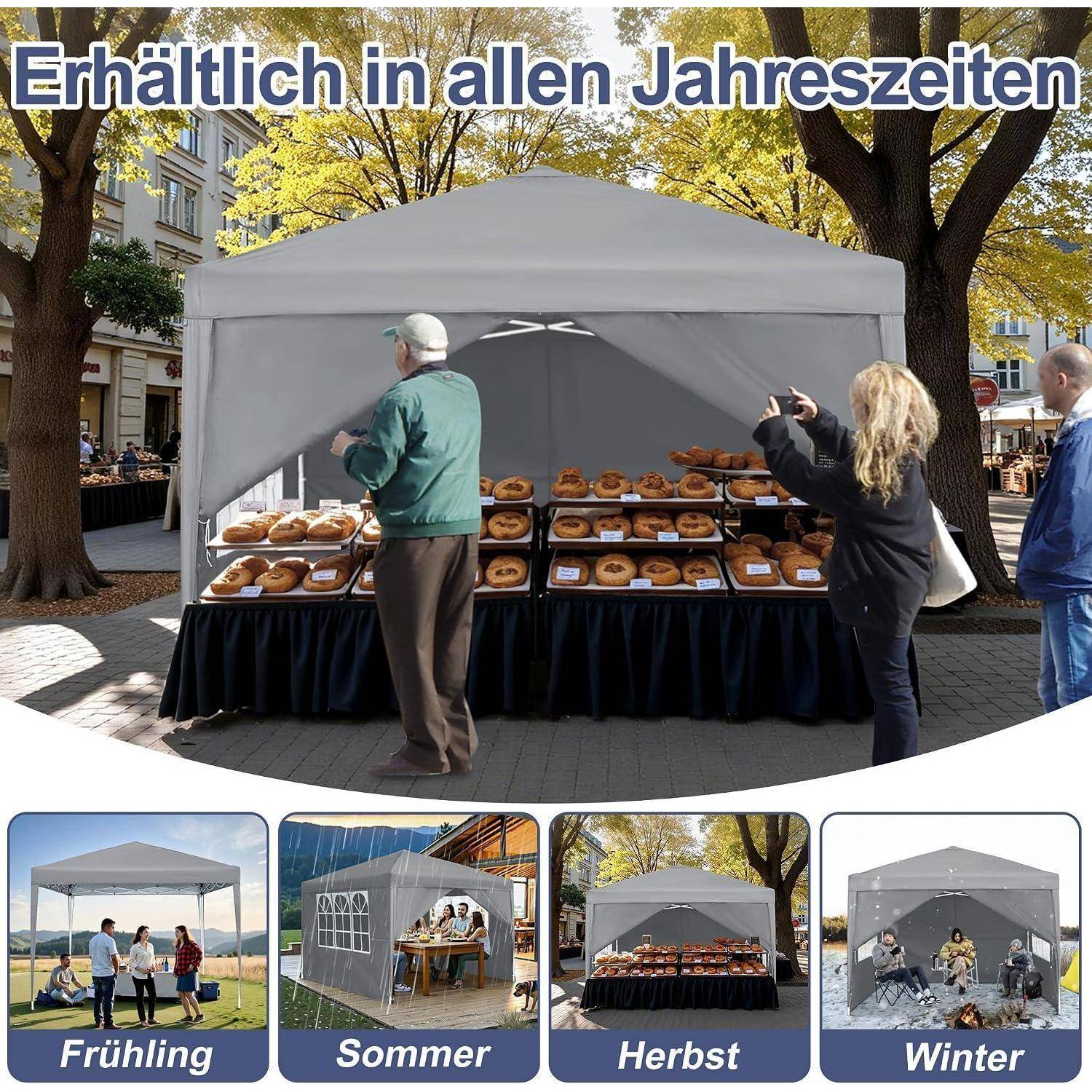 Marktzelt mit Backwarenestand im Freien ganzjährig, mit Ausschnitten, die dasselbe Zelt im Frühling, Sommer, Herbst und Winter zeigen.