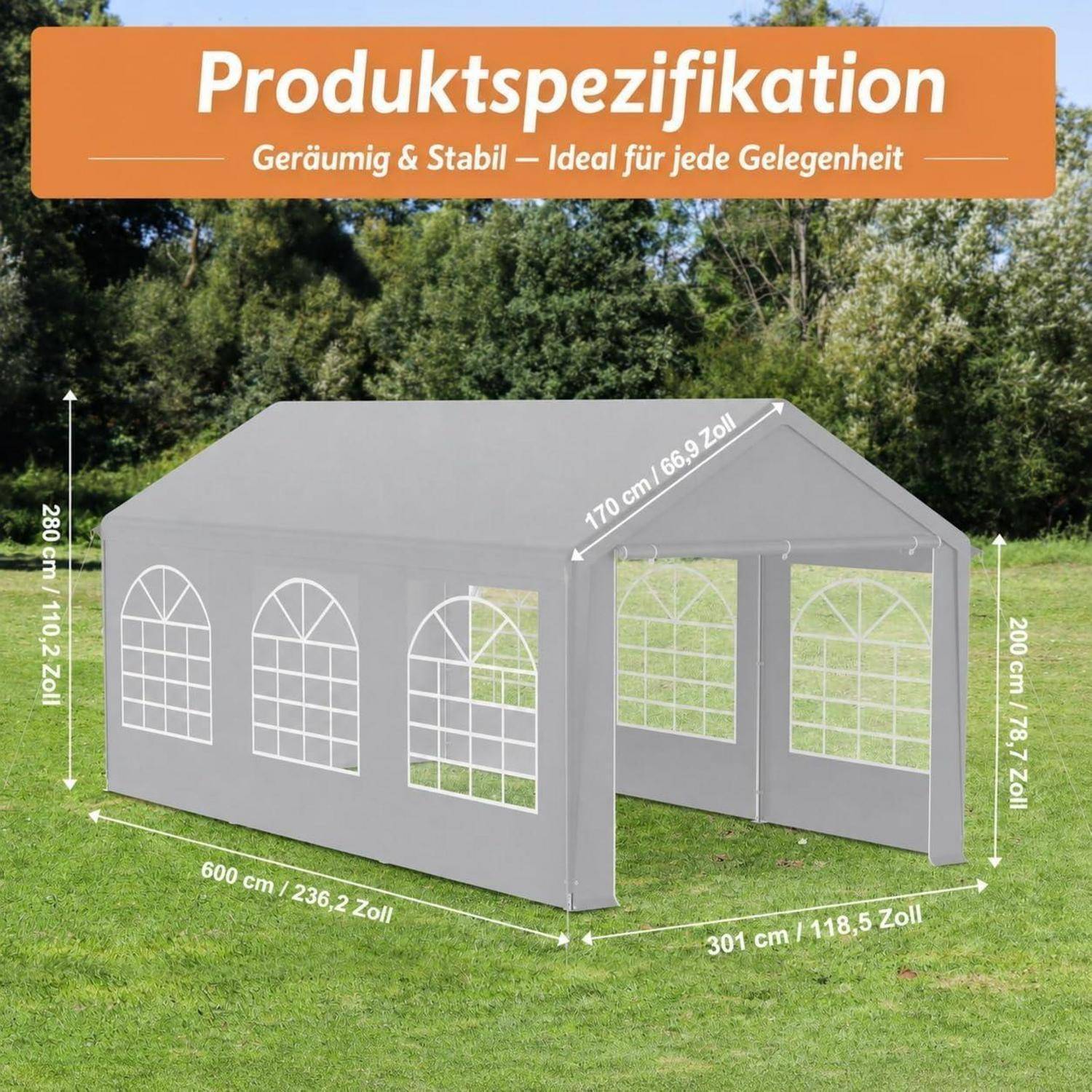 Produktspezifikation eines grauen Outdoor-Pavillon-Zelts, mit der Bezeichnung „Produktspezifikation" und „Geräumig & Stabil – Ideal für jede Gelegenheit"", mit den folgenden angegebenen Abmessungen: 600 x 301 cm, 280 cm Höhe, 170 cm Seitenlänge, 200 cm Frontseite.