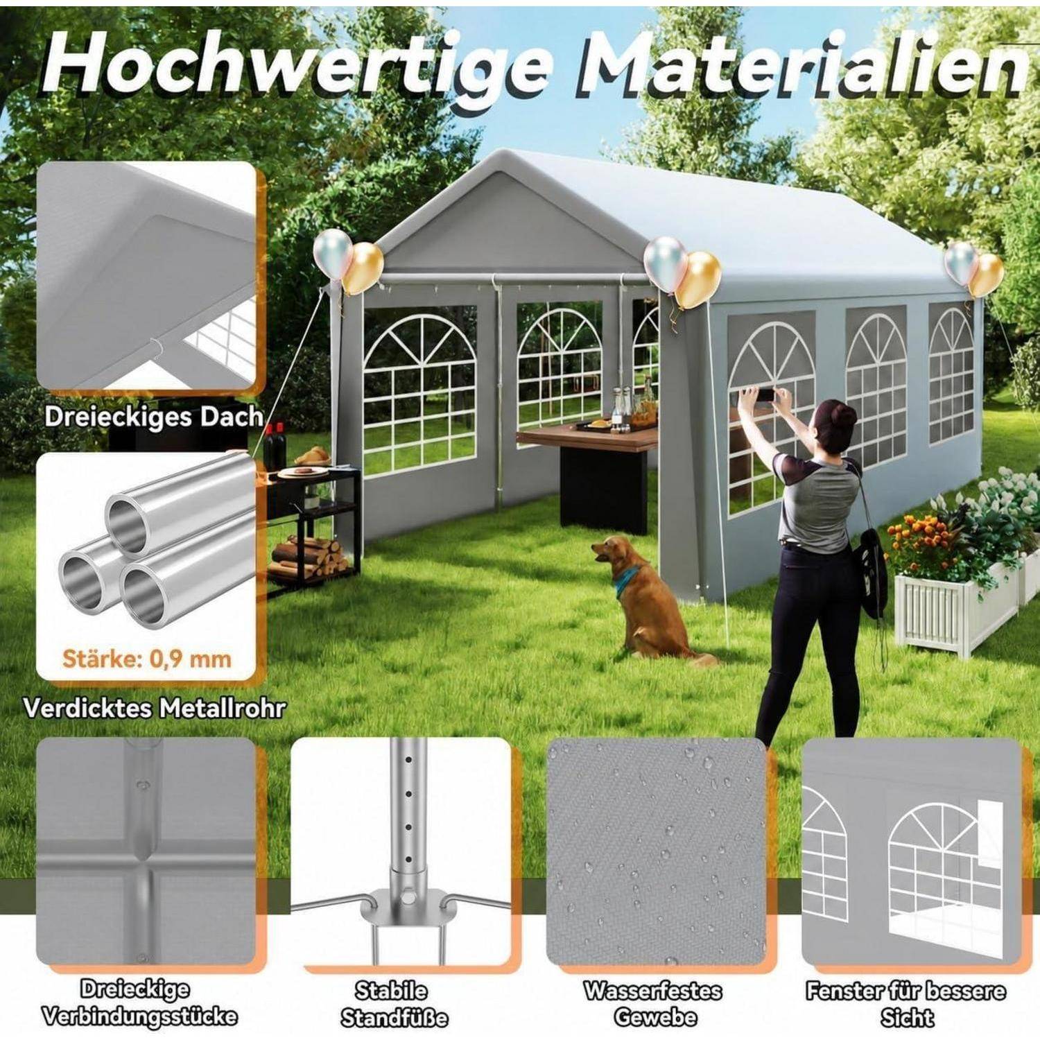 Werbebild eines grauen Outdoor-Zeltpavillons mit Spitzdach, das Ballons zeigt, eine Person bei der Dekoration und Merkmal-Hervorhebungen für „hochwertige Materialien", Metallrahmen, wasserdichtes Gewebe und Fenster.