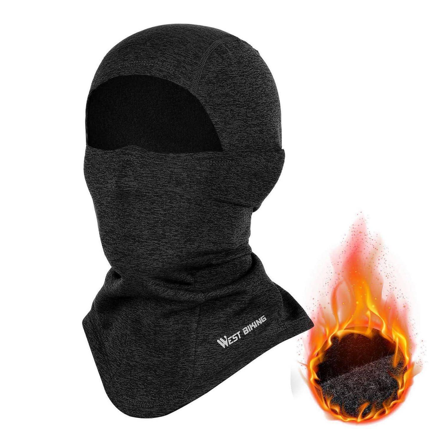 Schwarze thermische Sturmhaube mit Gesichtsmaske mit Augenöffnung, gezeigt neben einem Flammen-Symbol, das feuerfeste Schutzwirkung andeutet.