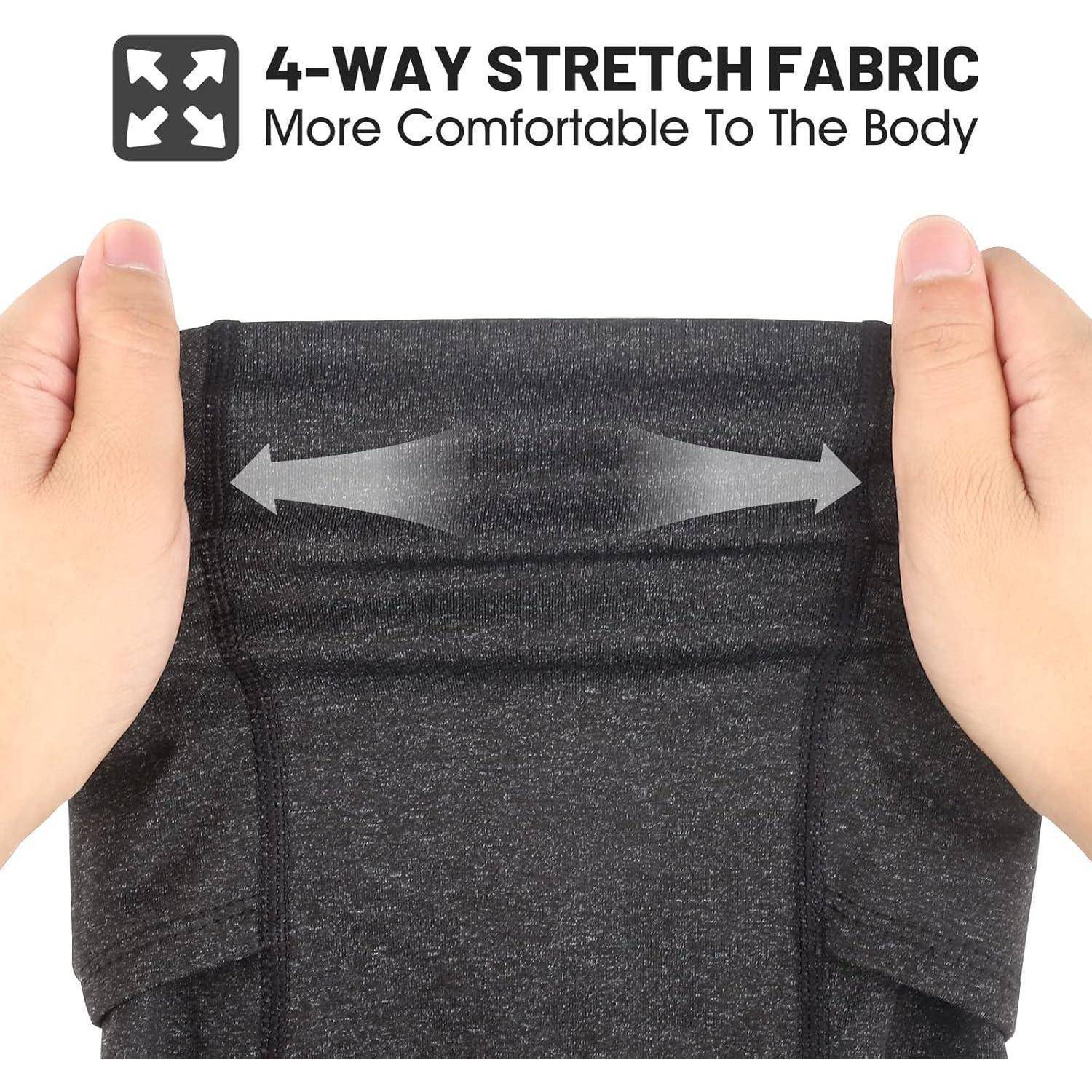 Hände dehnen dunklen Stoff horizontal, wobei der Text „4-WAY STRETCH FABRIC" und „Mehr Komfort für den Körper"" angezeigt wird.