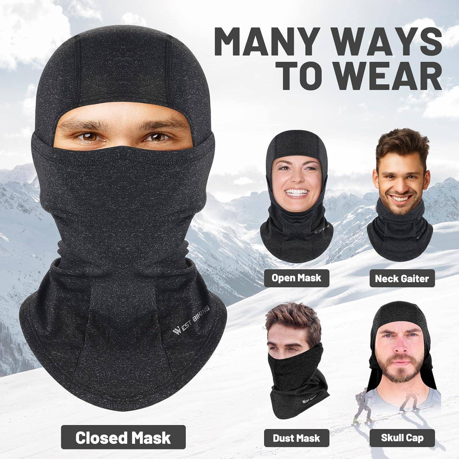Illustration eines schwarzen Winter-Halstuchs, das auf vier Arten getragen wird: geschlossene Maske, offene Maske, Halstuch, Staubmaske und Mütze, mit dem Text „Viele Tragemöglichkeiten".