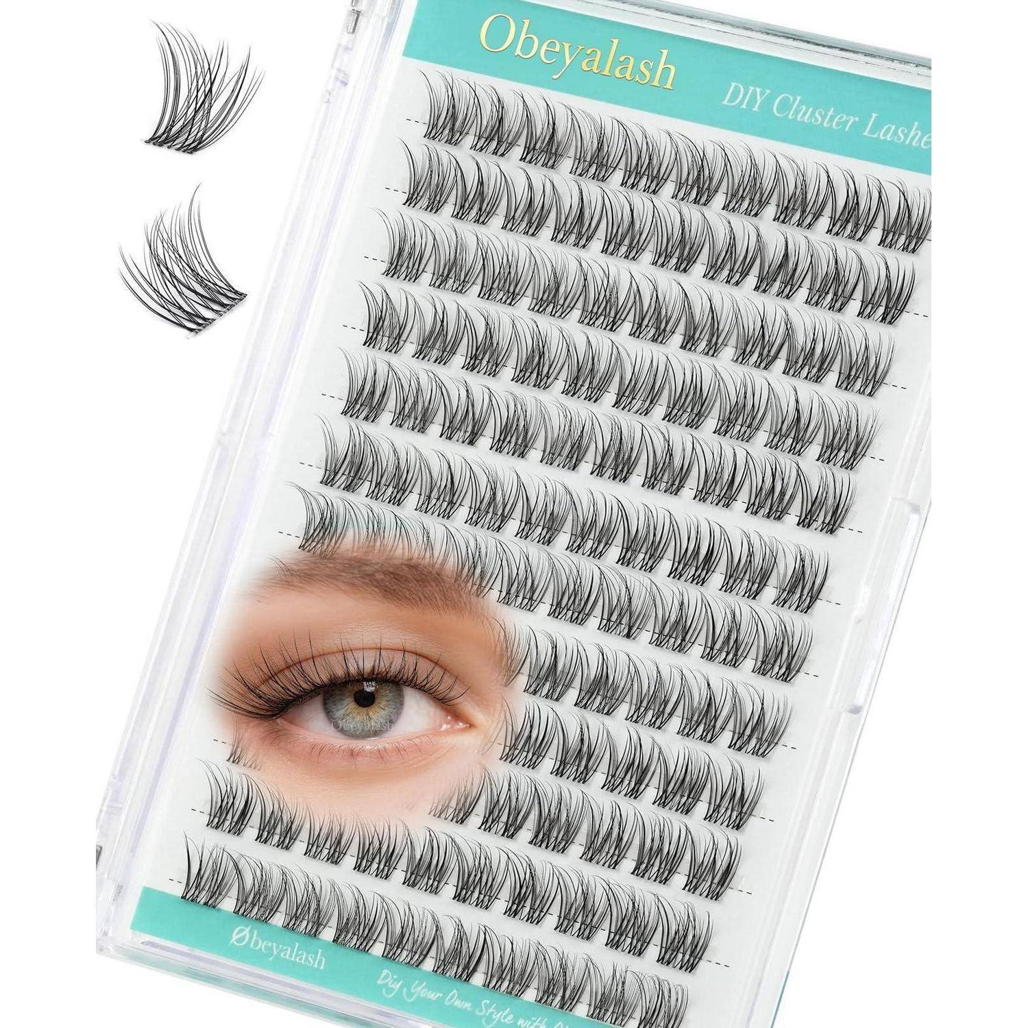Paket von Obeyalash DIY-Clusterwimpern mit Reihen von künstlichen Wimpern und einem Augenbeispiel, das den angewendeten Wimpernstil zeigt.