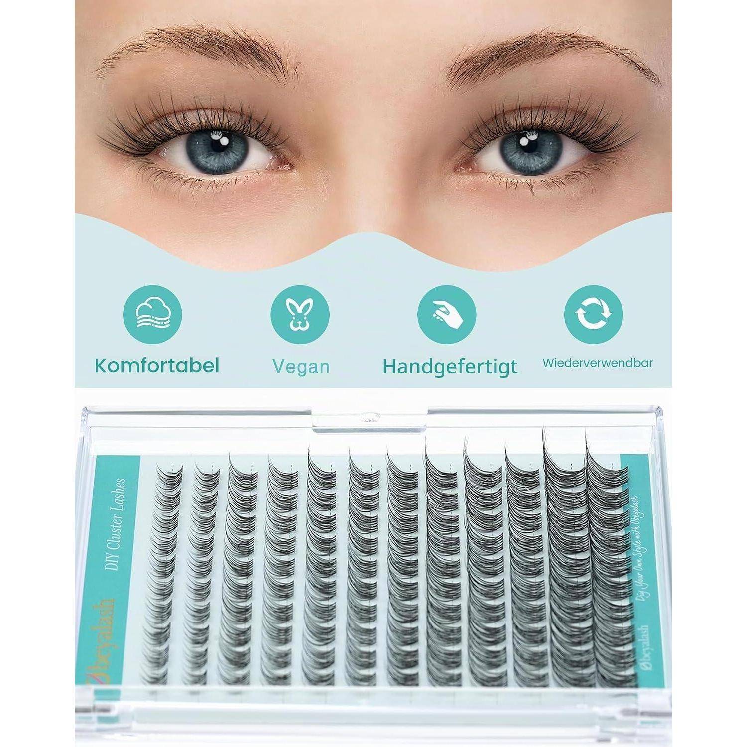 Werbebild von blauen Augen mit Wimpernstreifen aus Kunsthaaren, die darunter angezeigt sind, mit den Beschriftungen „Komfortabel
