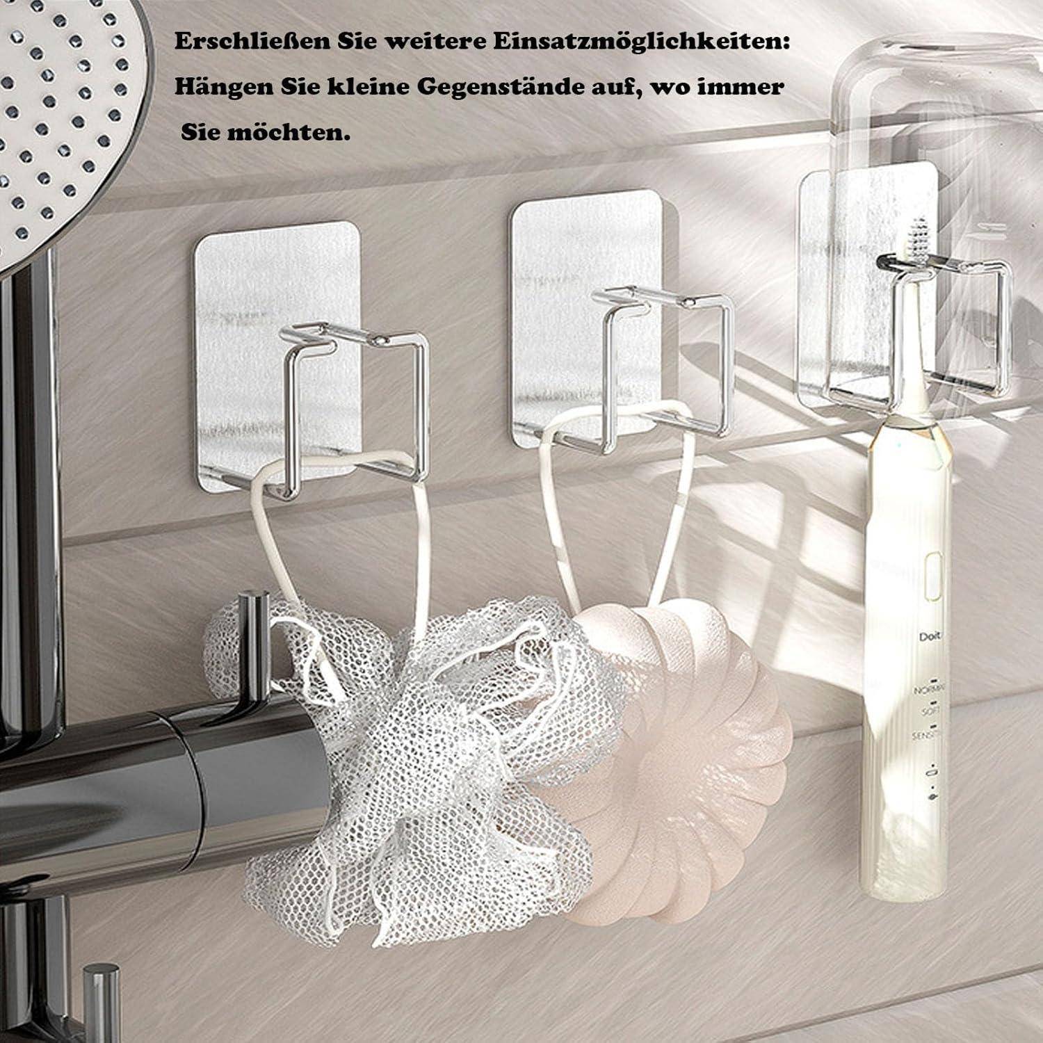 Duschwandhaken halten einen Luffa, einen Schwamm und eine elektrische Zahnbürste; deutscher Text besagt, dass sie Stauraum zum Aufhängen kleiner Gegenstände überall hinzufügen.