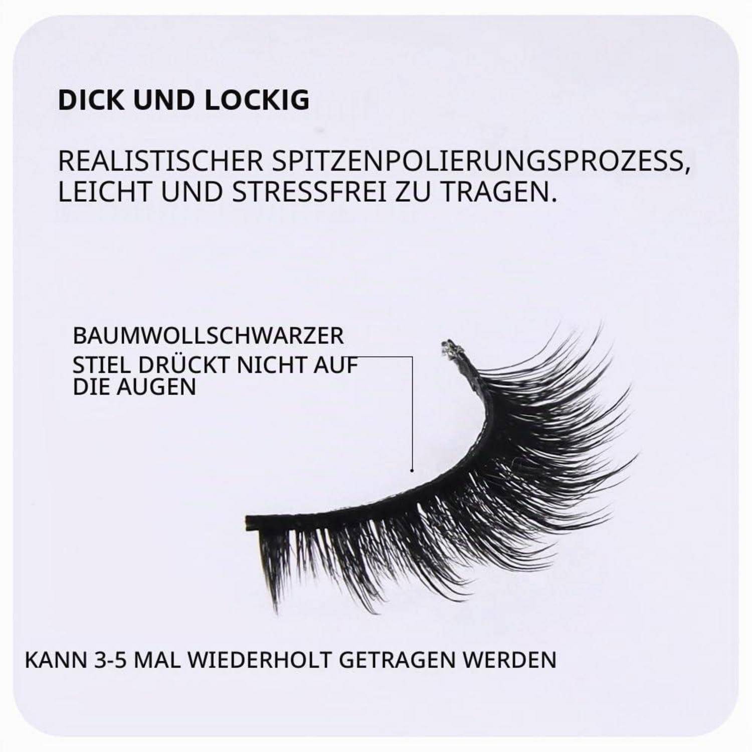 Produktbild einer schwarzen künstlichen Wimpern mit deutschem Text zur Bewerbung eines realistischen, leichten Tragekomforts; erwähnt einen Baumwoll-schwarzen Schaft, keinen Augendruck, wiederverwendbar 3-5 mal.