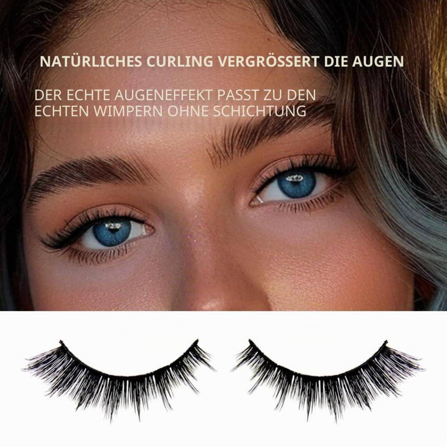 Nahaufnahme blauer Augen mit Text über natürliches Curling zur Vergrößerung der Augen, darunter zwei schwarze künstliche Wimpern auf weißem Hintergrund gezeigt.