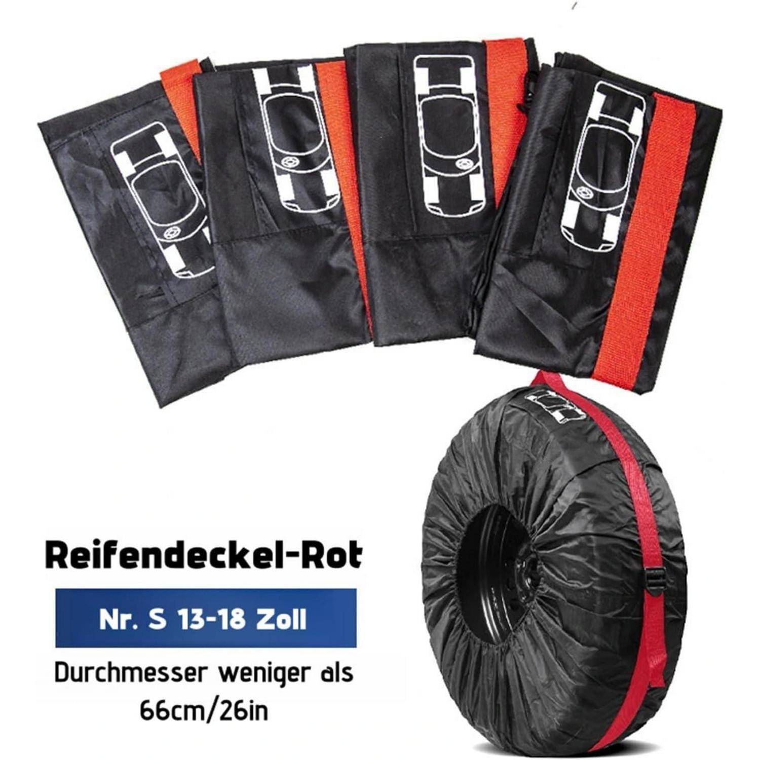 Satz schwarzer Reifenabdeckungen mit roten Riemen, gezeigt gefaltet und auf einem Reifen angebracht, beschriftet auf Deutsch „Reifendeckel-Rot" für 13-18 Zoll Reifen, unter 66 cm Durchmesser.
