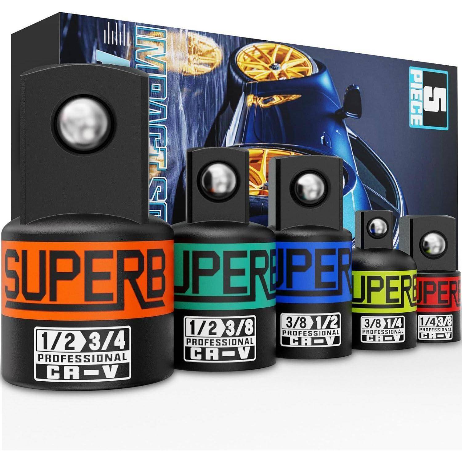 Satz von fünf Super B Lautsprecherkompressionsfahrern in verschiedenen Größen, angezeigt vor Produktverpackung mit blauer Autografik.
