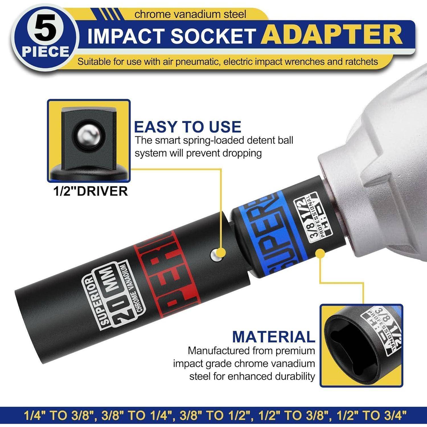 Abbildung eines 5-teiligen Adapter-Sets aus Chrom-Vanadium-Stahl für Schlagschrauber, mit 1/2-Zoll-Antrieb, Haltekugel und Größenumwandlungen zur Verwendung mit Schlagschraubern und Ratschenschlüsseln.