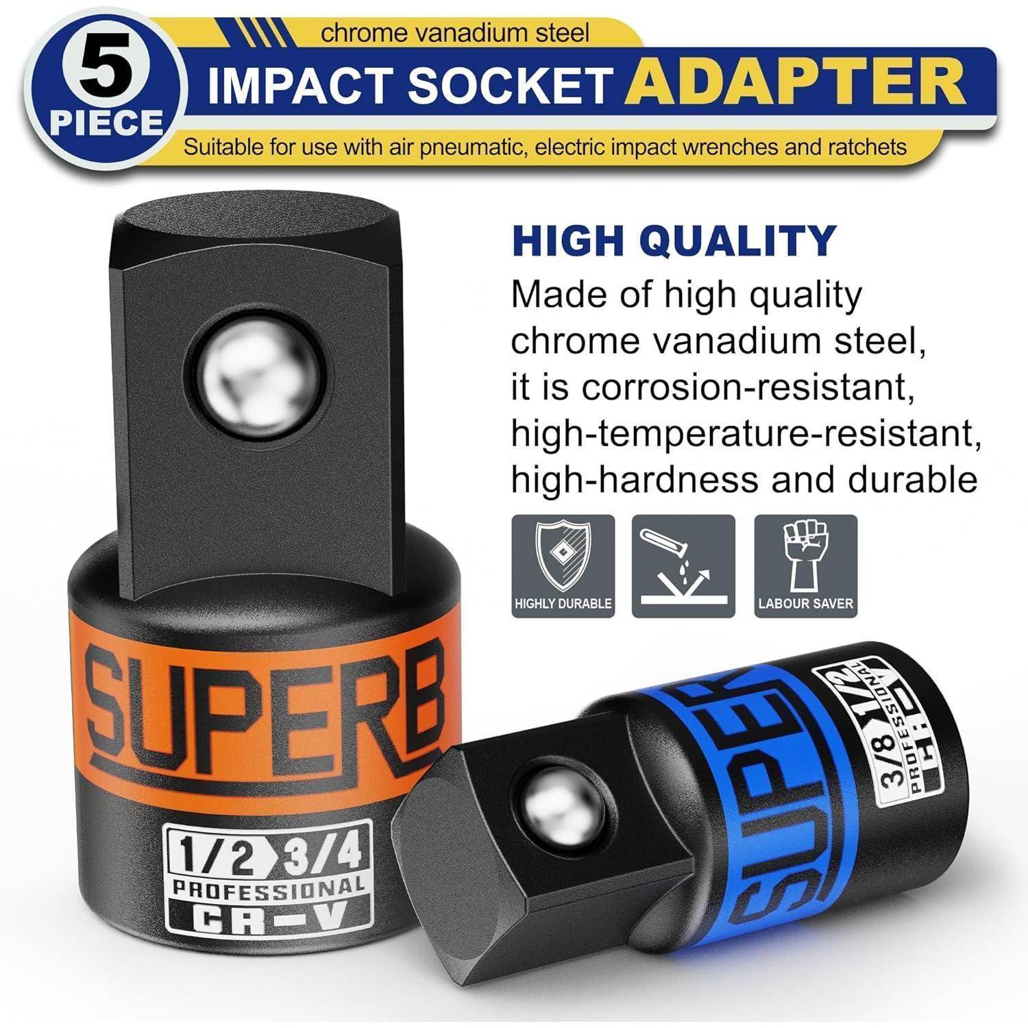 Produktfoto eines 5-teiligen Chrom-Vanadium-Stahl-Schlagschrauber-Adapter-Sets, das zwei Adapter und Verpackungstext mit Hervorhebung von hoher Qualität und Langlebigkeit zeigt.