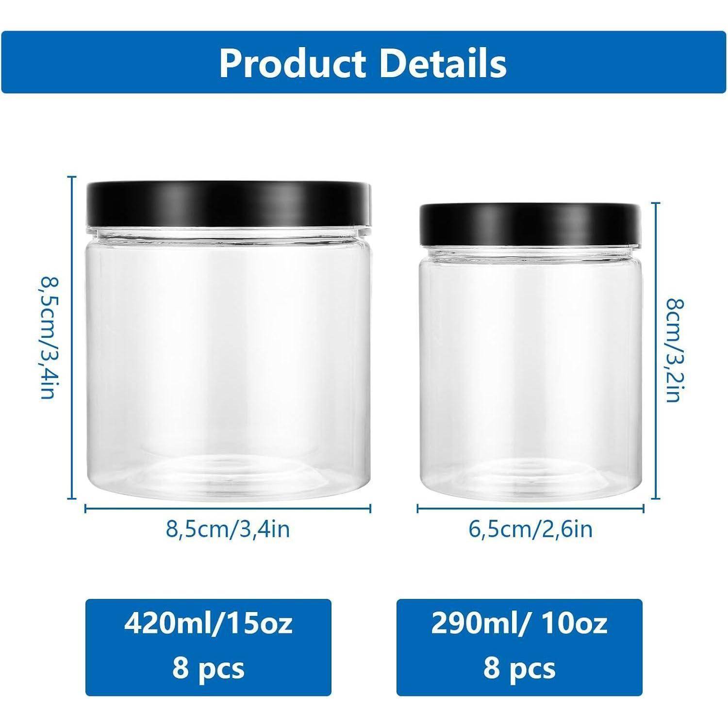 Produktdetails zeigen zwei klare Glasgefäße mit schwarzen Deckeln: 420 ml (15 oz), 8,5 cm hoch und 8 Stück; 290 ml (10 oz), 8 cm hoch und 8 Stück.