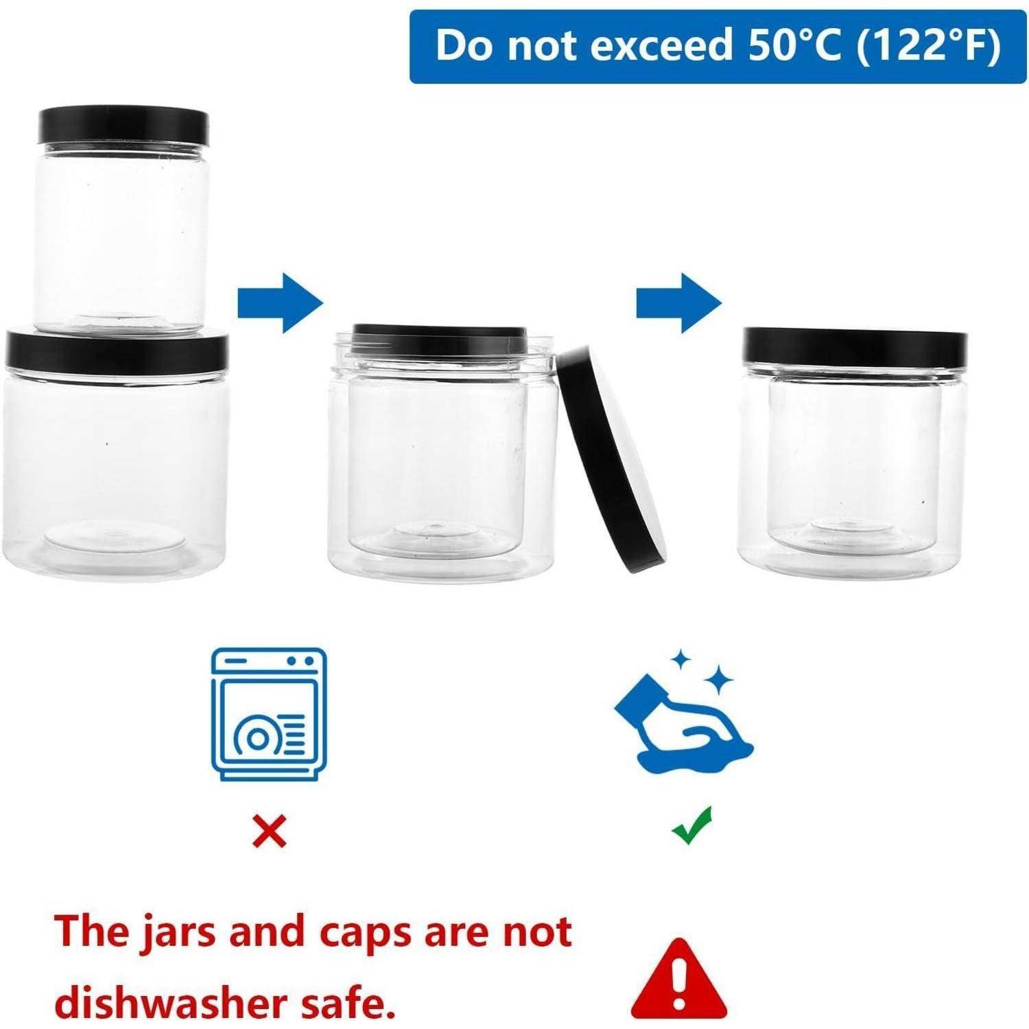Anleitung für Gläser: 50°C (122°F) nicht überschreiten; Gläser und Deckel nicht in die Spülmaschine geben, stattdessen von Hand waschen.