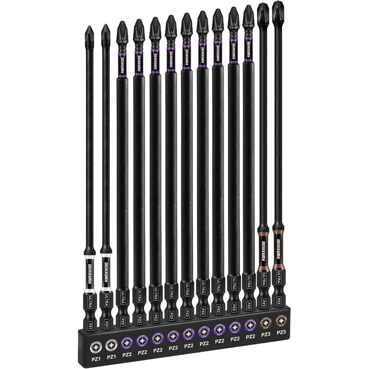 Set aus 13 langen schwarzen Elektroschrauberbits in einem Halter, gekennzeichnet mit PZ1, PZ2 und PZ3, nach Größe sortiert.