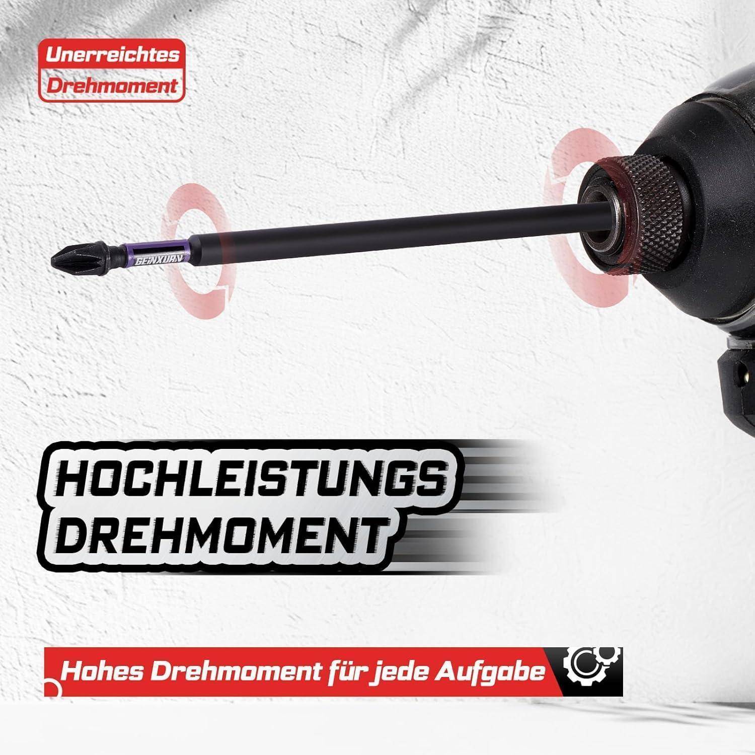 Ein Elektrobohreroder Akkubohrer mit einem verlängerten Aufsatz, gekennzeichnet mit „Unzureichendes Drehmoment