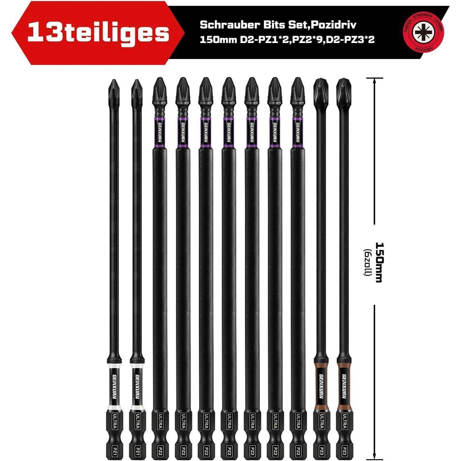 Produktbild eines 13-teiligen Pozidriv-Schraubendreher-Bitsatzes, 150 mm lang, mit Bits in einer Reihe angeordnet und gekennzeichnet mit PZ1, PZ2 und PZ3.