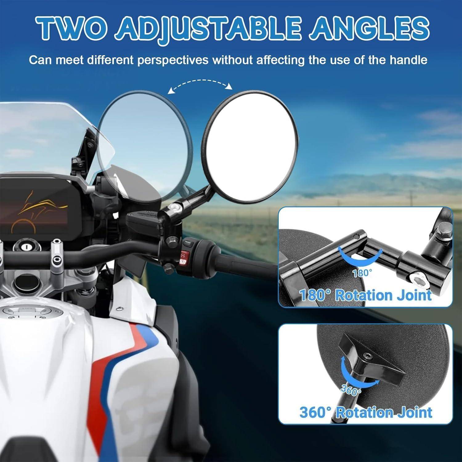 Motorradlenker-Spiegel mit zwei verstellbaren Winkeln; Ausschnitt zeigt 180°- und 360°-Drehgelenke für flexible Positionierung.