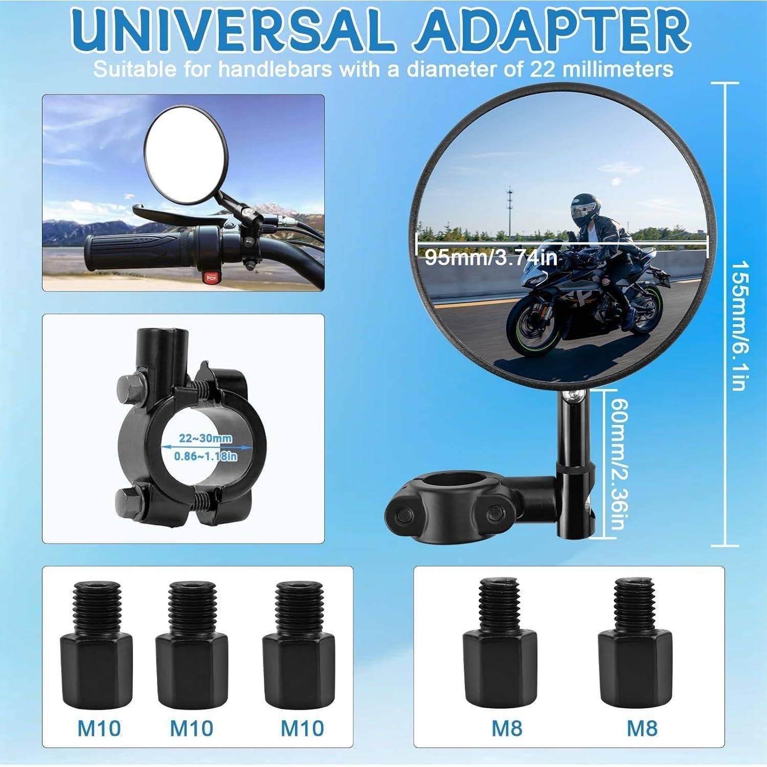 Universeller Lenkeradapter mit Spiegelhalterung für 22 mm Lenker, mit 95 mm Spiegel und 155 mm Gesamthöhe, plus M10 und M8 Schrauben.