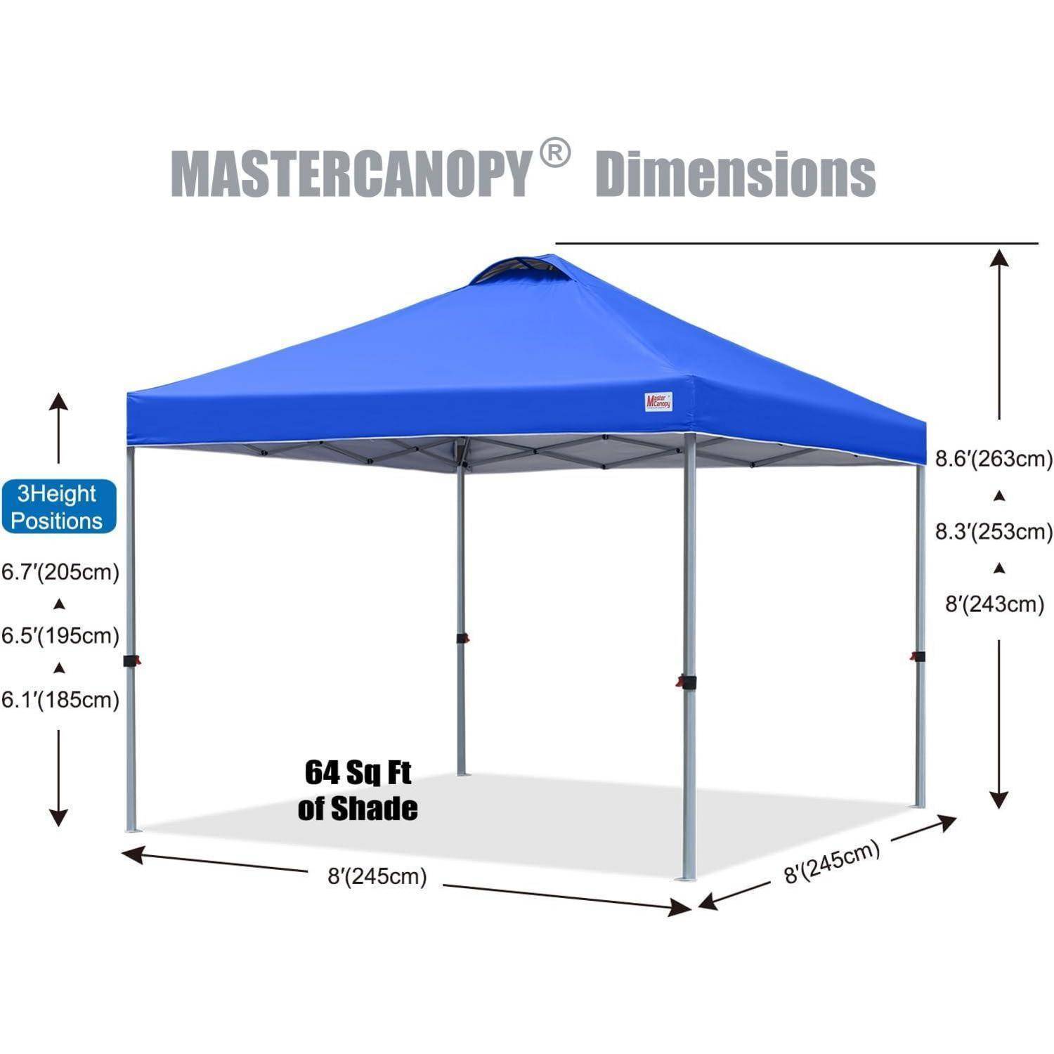 Diagramm eines blauen MasterCanopy Pop-Up-Zelts mit Abmessungen: 8' x 8' Grundfläche, 64 Quadratfuß Schattenfläche und drei Höhenpositionen von 6,1' bis 8,6'.