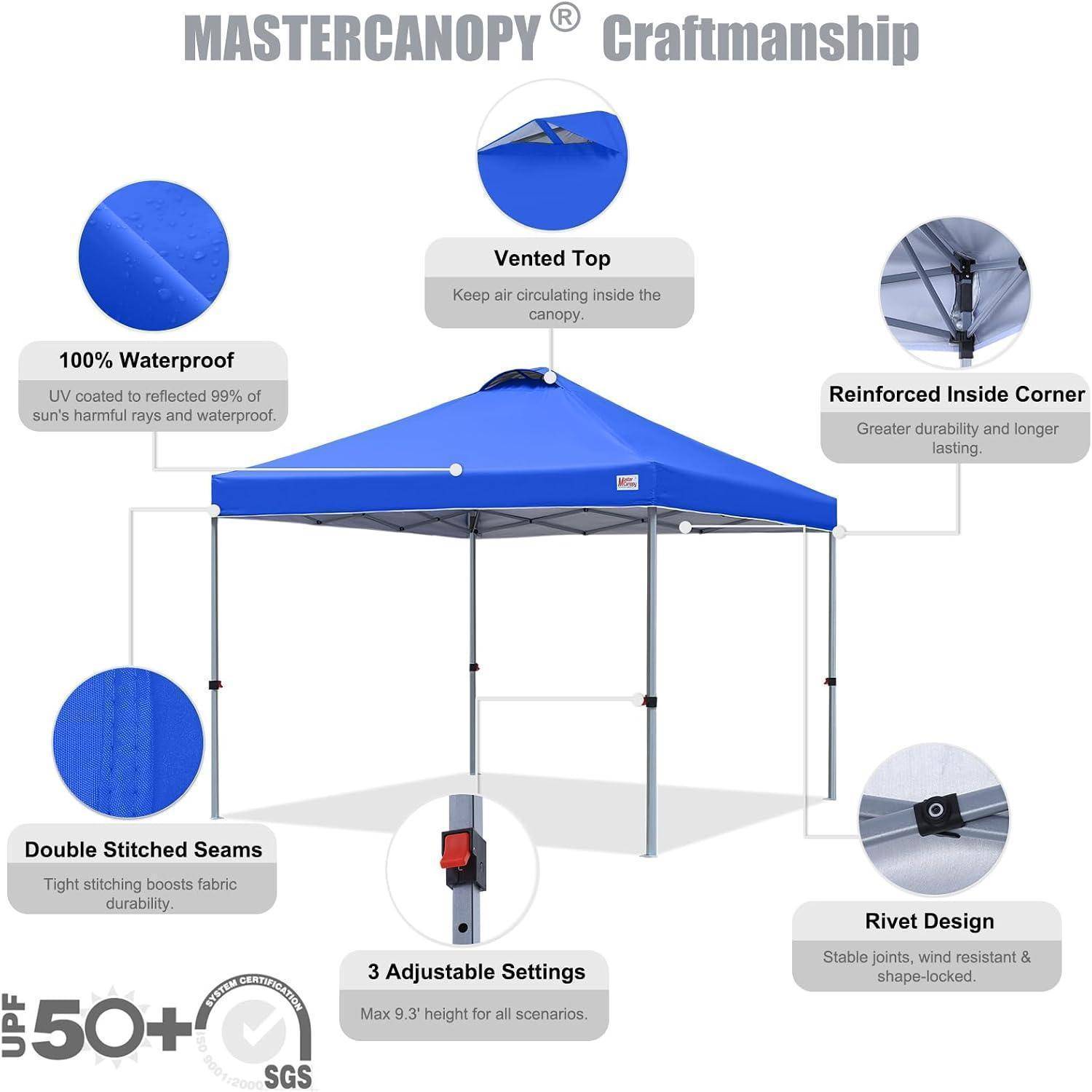 Illustration eines blauen Pop-Up-Baldachins mit dem Label „MastCanopy Craftsmanship" (MastCanopy Handwerkskunst) mit Funktionshinweisen: 100% wasserdicht, belüftete Oberseite, verstärkte Ecken, doppelt genähte Nähte, 3 verstellbare Einstellungen und Nietdesign.