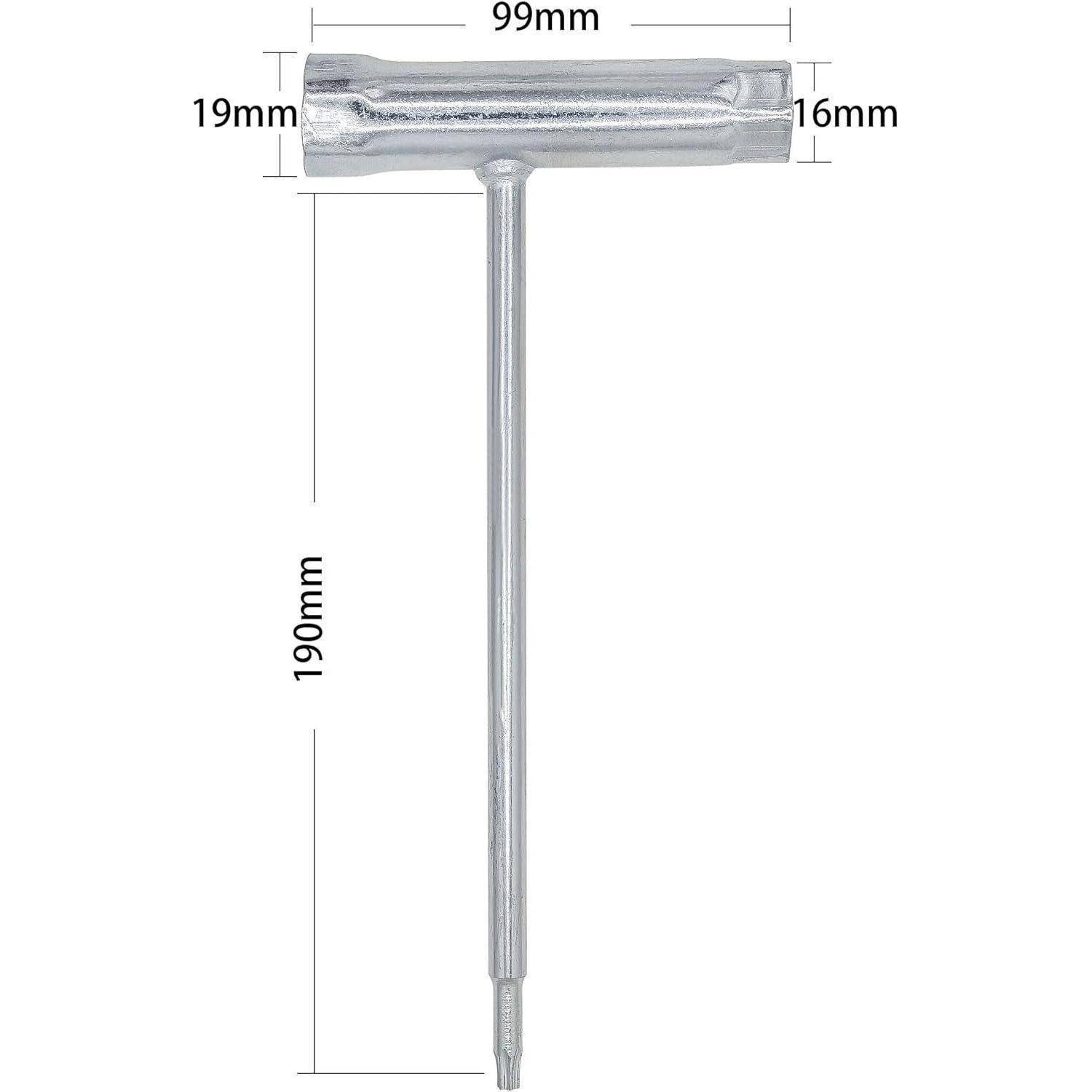 Silbernes T-förmiges Metalwerkzeug mit gekennzeichneten Abmessungen: 99 mm breiter oberer Griff, 190 mm langer Schaft, 19 mm linkes Ende und 16 mm rechtes Ende.