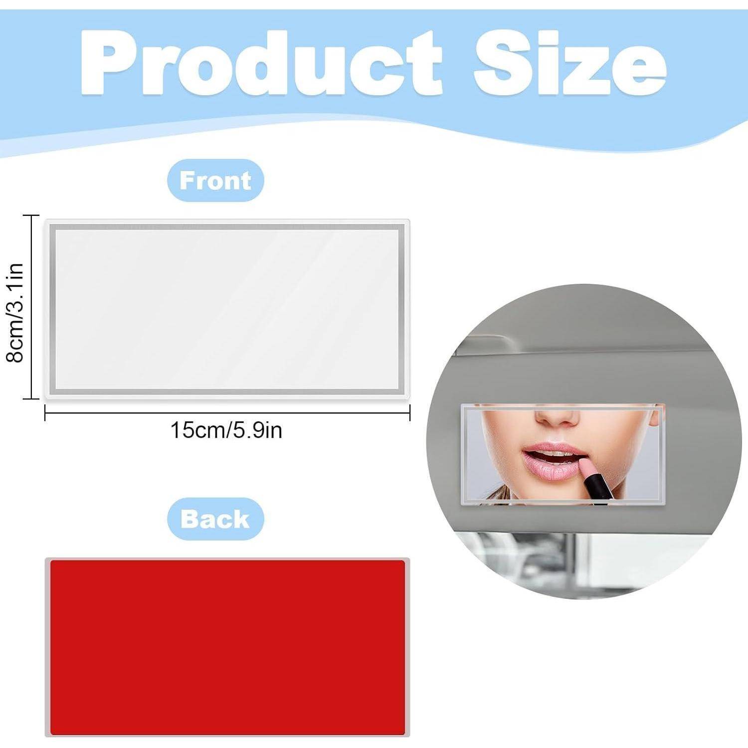 Produktgrößentabelle zeigt ein rechteckiges Schminkspiegel-Etui: Vorderseite 15 cm x 8 cm, Rückseite als durchgehend rotes Panel dargestellt, mit einem Nutzungsfoto des Spiegels an Ort und Stelle.
