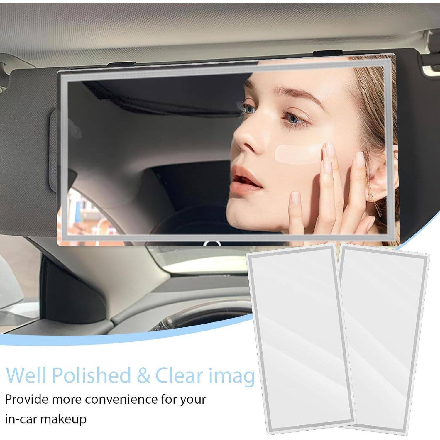Sonnenblende mit Kosmetikspiegel zeigt die Spiegelung einer Frau, mit Text, der ein poliertes, klares Bild und praktisches Make-up im Auto bewirbt.