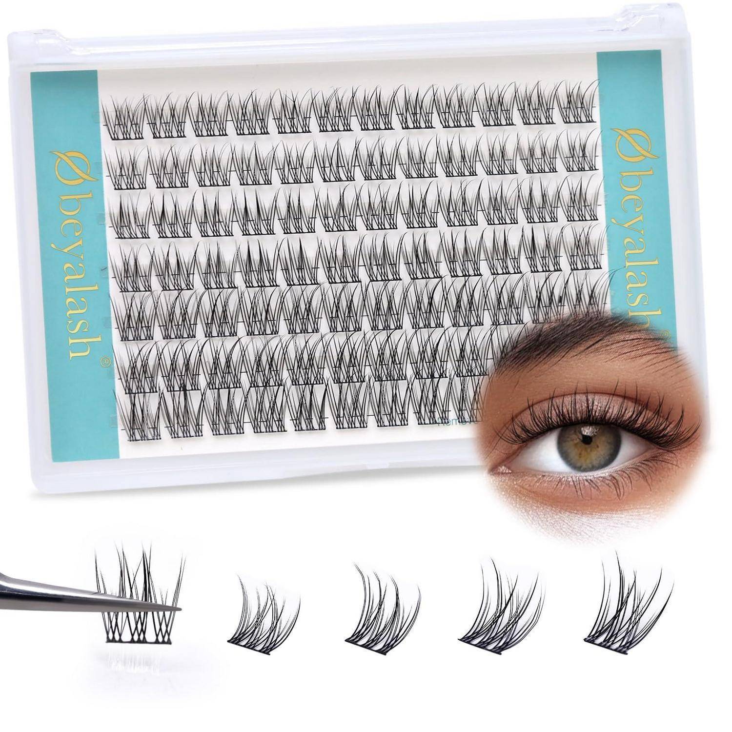 # Falsches Wimpern-Set mit mehreren Wimpernstreifen in einem Tablett, Pinzette und eine Nahaufnahme des Auges mit langen gekrümmten Wimpern.